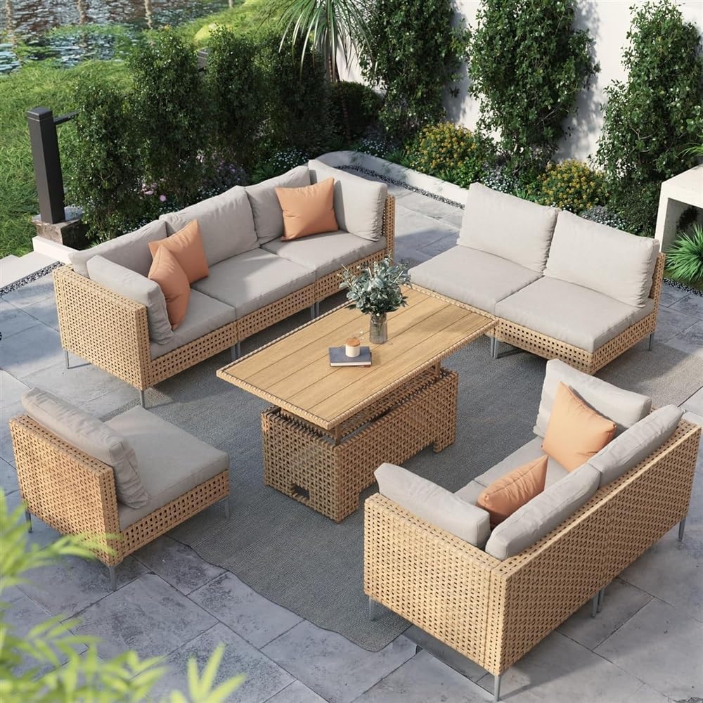 9 Pieces Patio Furniture Set - Outdoor Sectional Wicker Rattan Furniture with Lift Top Coffee Storage Table Patio Conversation Sets for Porch Poolside Backyard Outdoor Sofa Set Modular Sofa