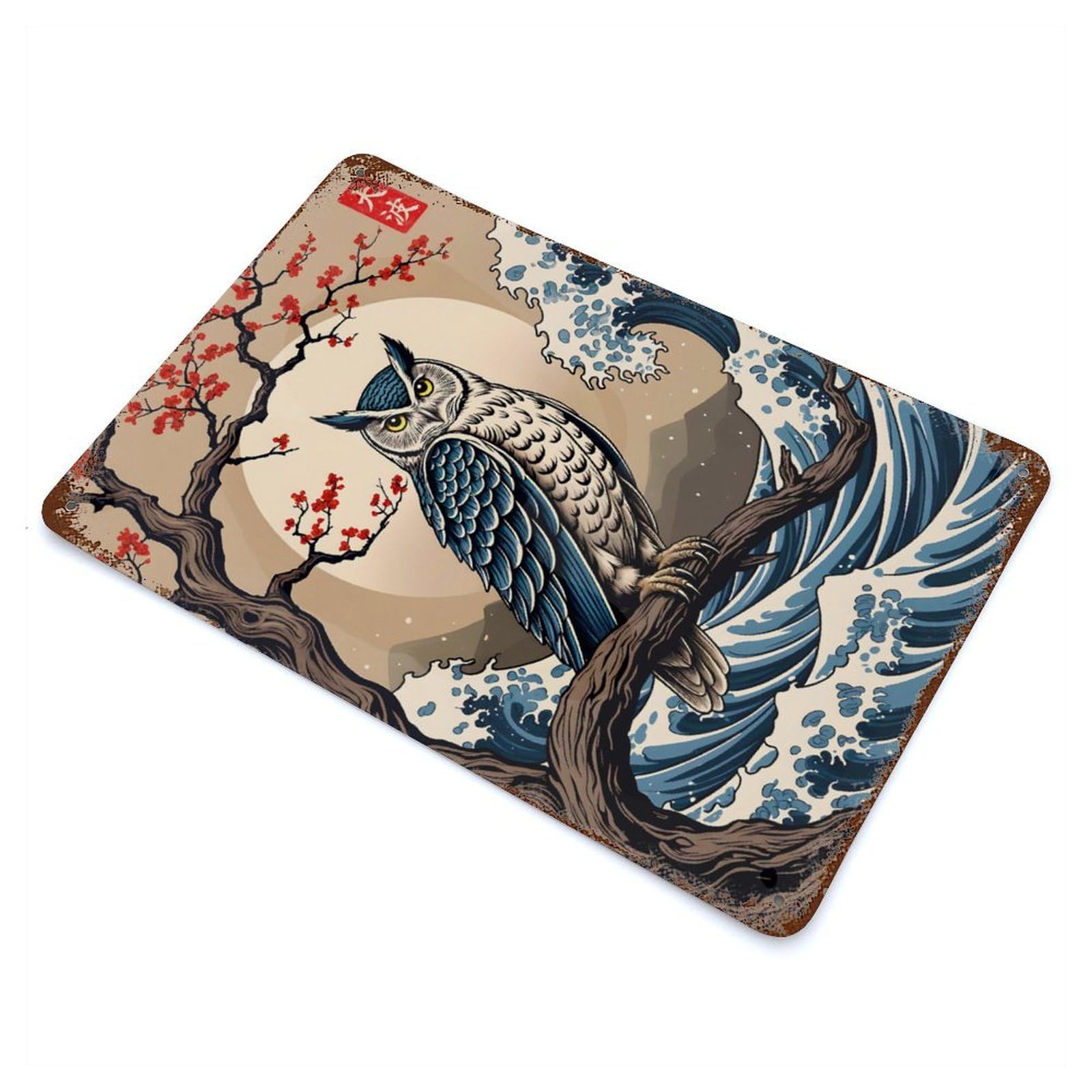 Rustic Tin Plaque with Owl Great Wave Design 11.8"x7.9", for Cafe, Home Bar And Lounge Decor, Industrial Home Decor