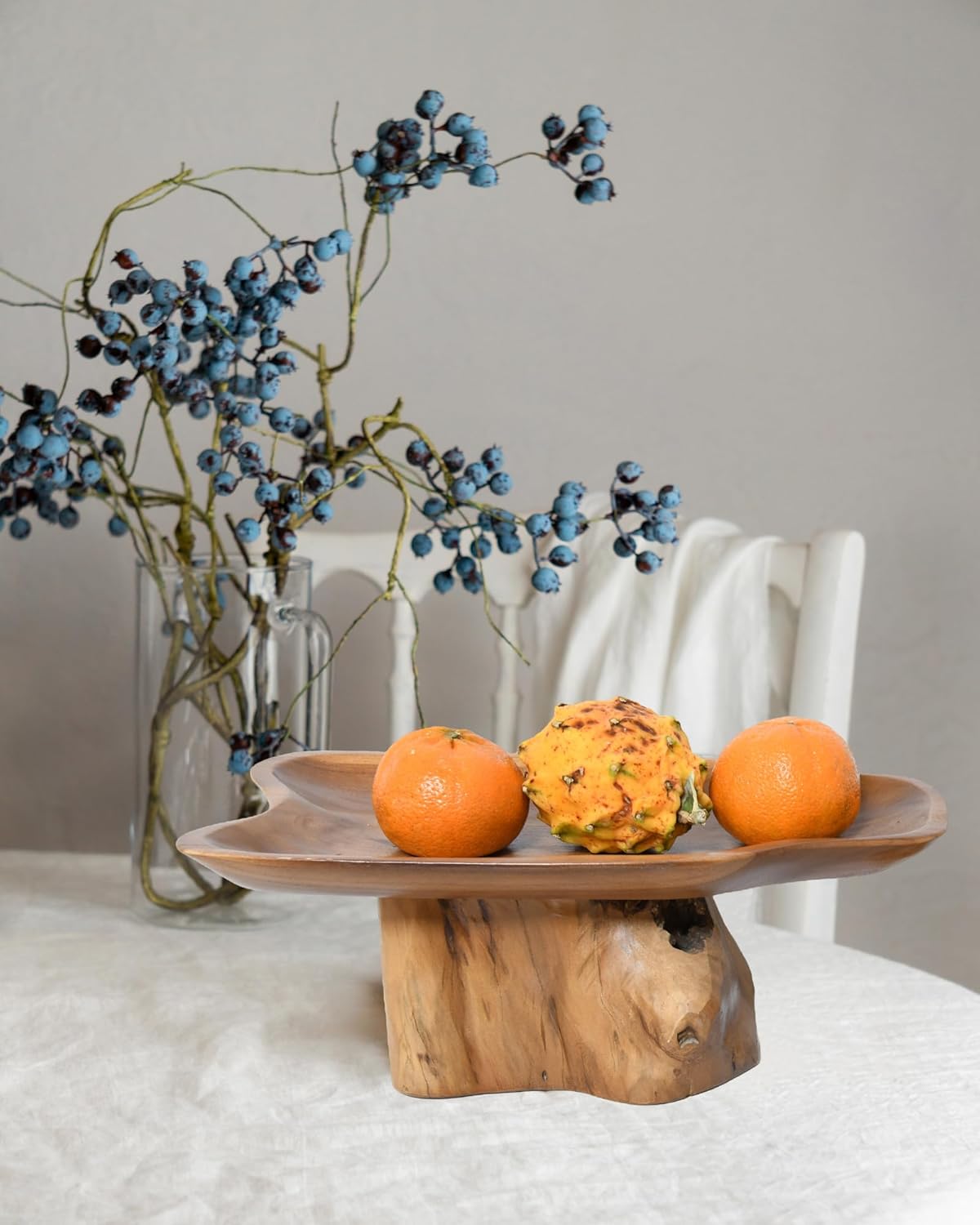 Decorative Bowl for Tabletop Decor, Live Edge Serving Tray with Base, Home Centerpiece Decor, Teak Wood