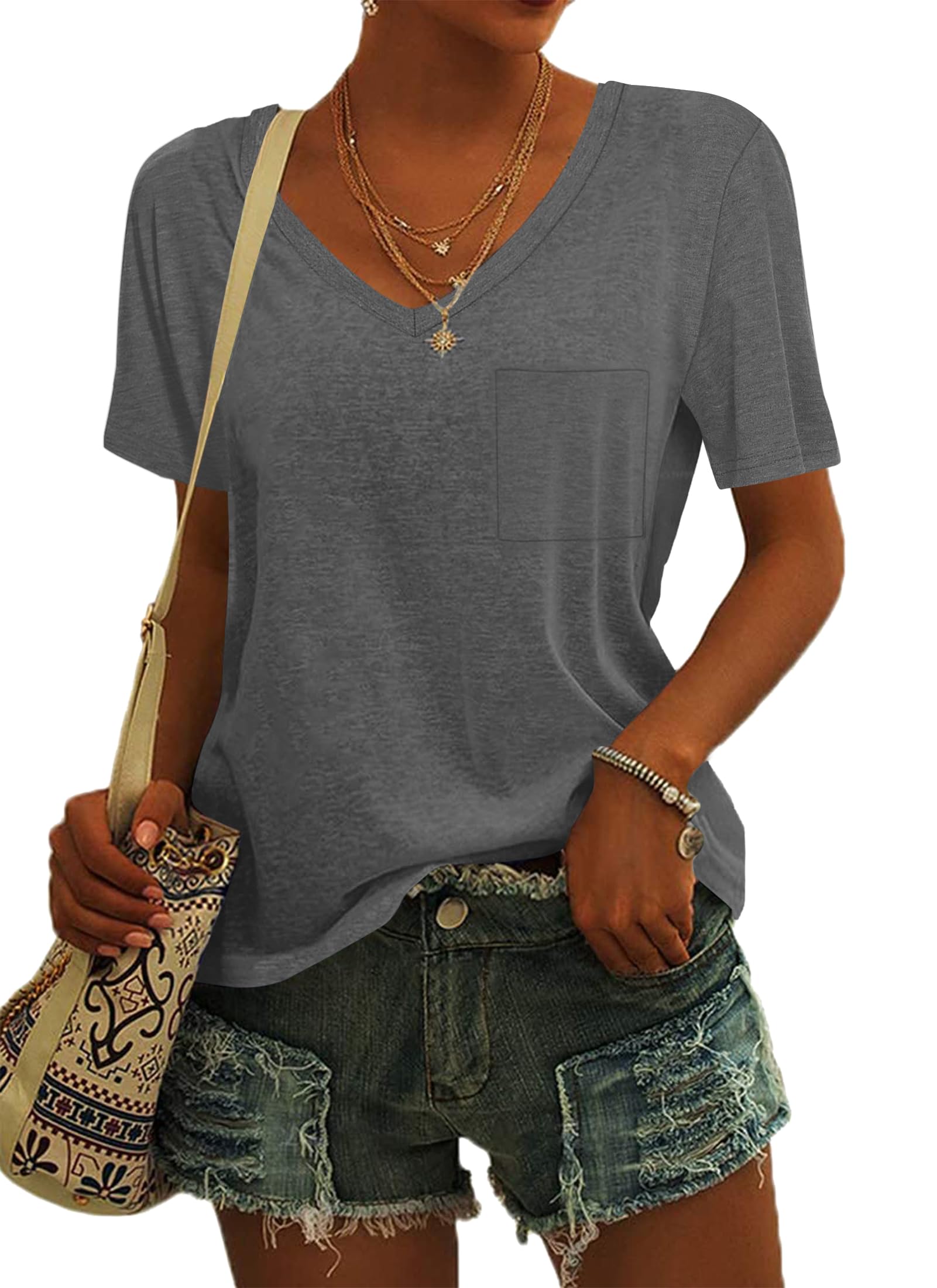 MOLERANI Damen T-Shirts Kurzarm V-Ausschnitt Lose Sommer T-Shirts Basic Tunika Tops mit Tasche