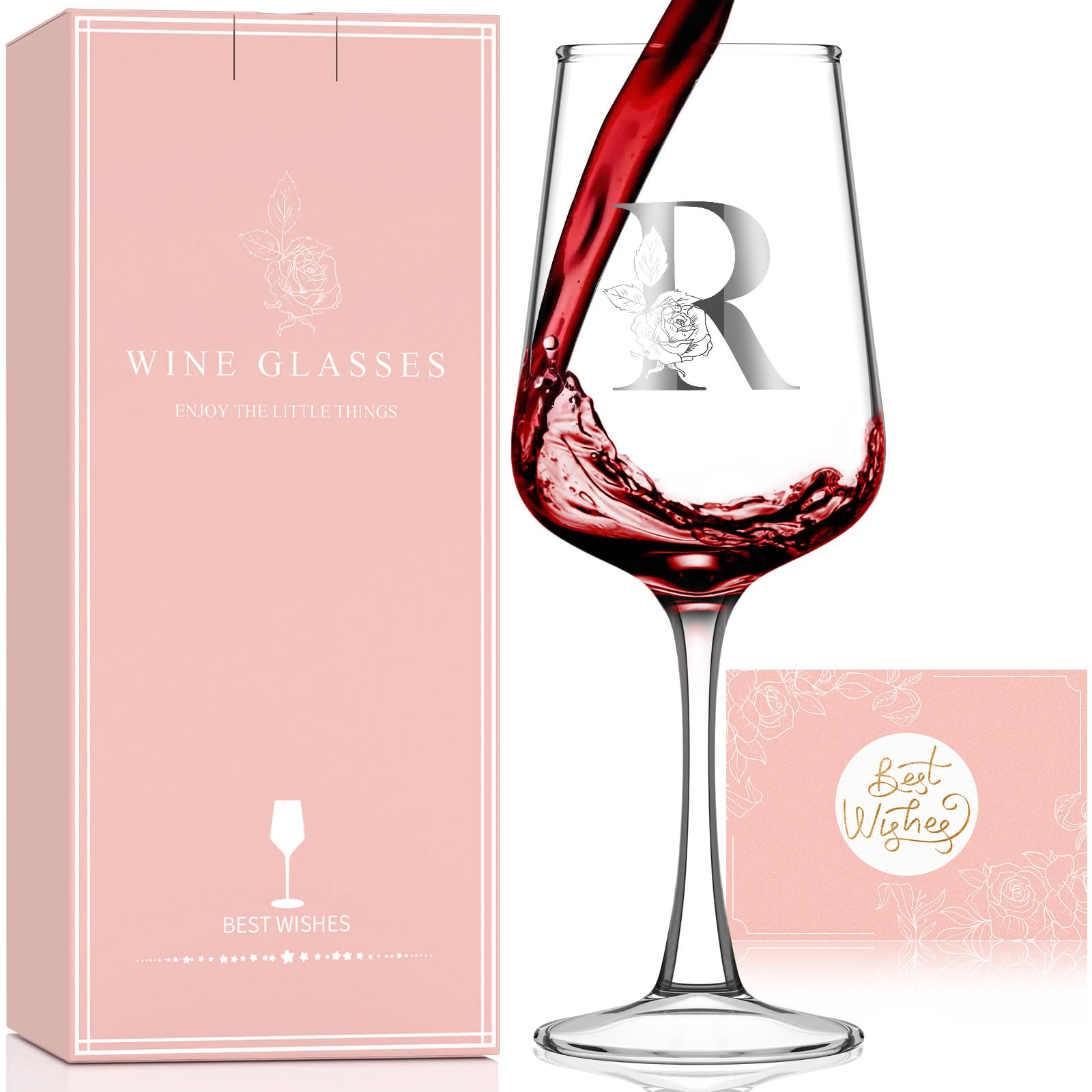 Personalized Gifts for Women Mom Friend Wife Her, Initial Wine Glasses Custom Gift, Happy Birthday Gifts for Women Mom Wife Best Friend Sister, 15.5Oz (R)
