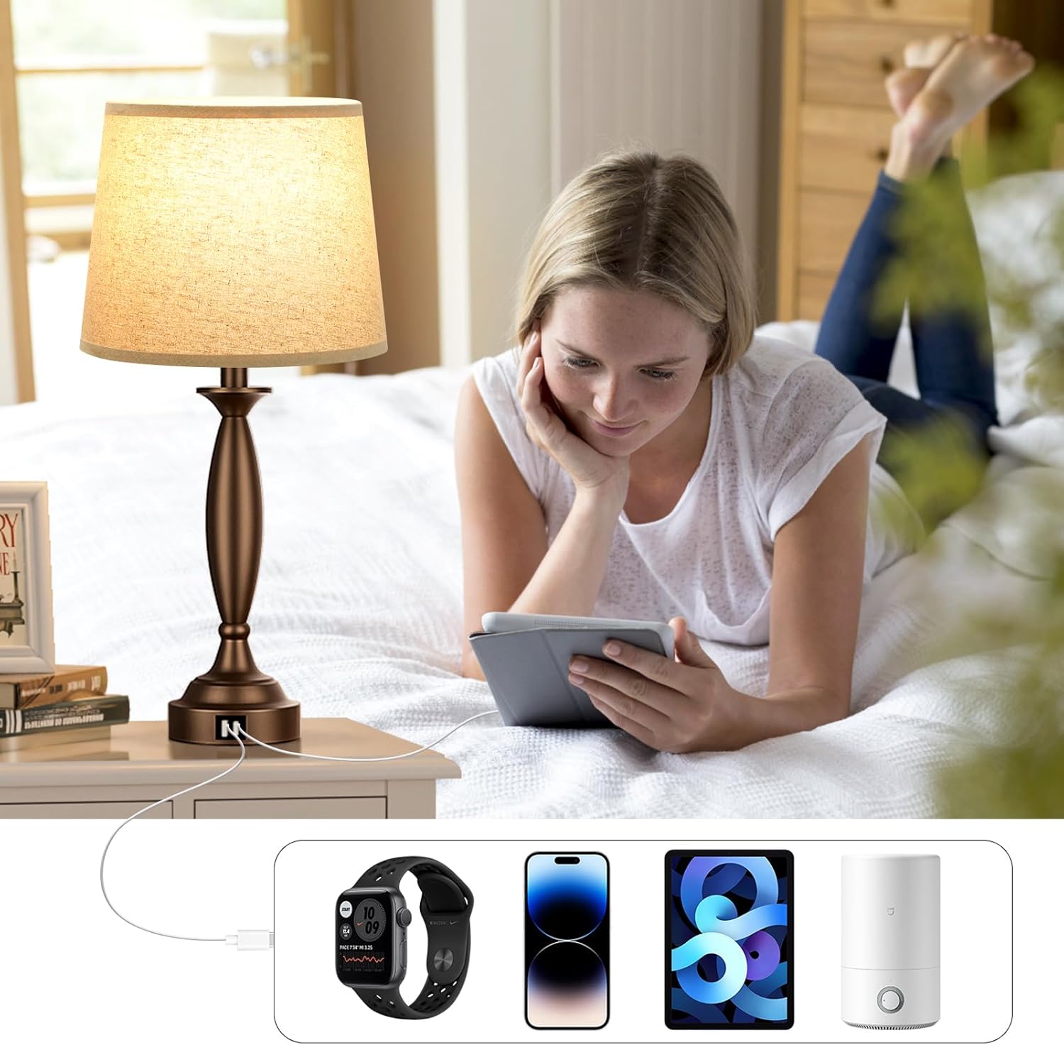 Bedroom Lamps for Nightstand, 3 Way Dimmable Brown Bedside Lamps with USB image 3