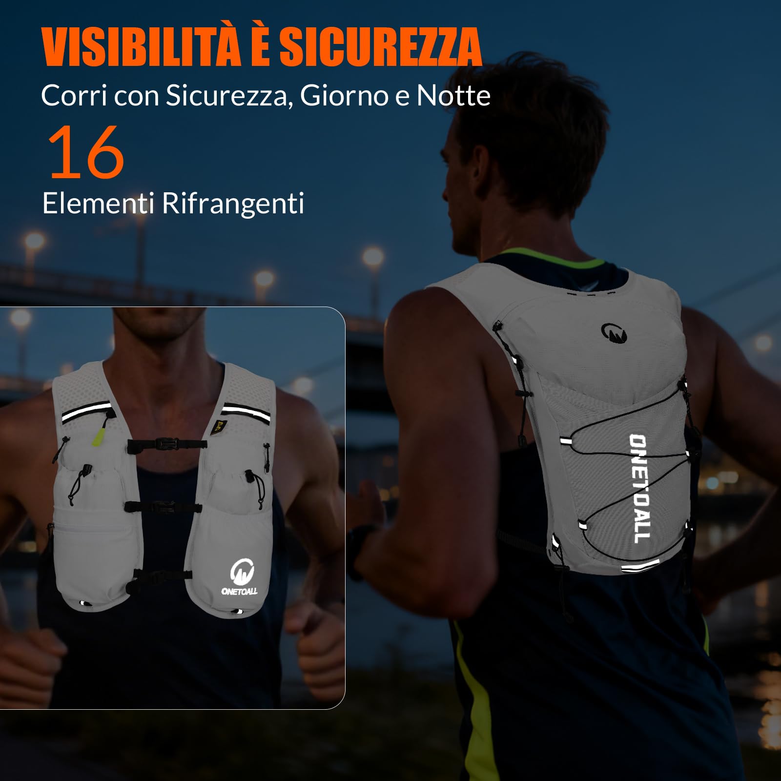Zaino Trail Running, Gilet Running Uomo Donna, Ultraleggero Gilet Corsa Riflettente Idratazione Multitasche con Borraccia Morbida 500ml o Sacca Idrica 2L per Trekking Ciclismo MTB Sci