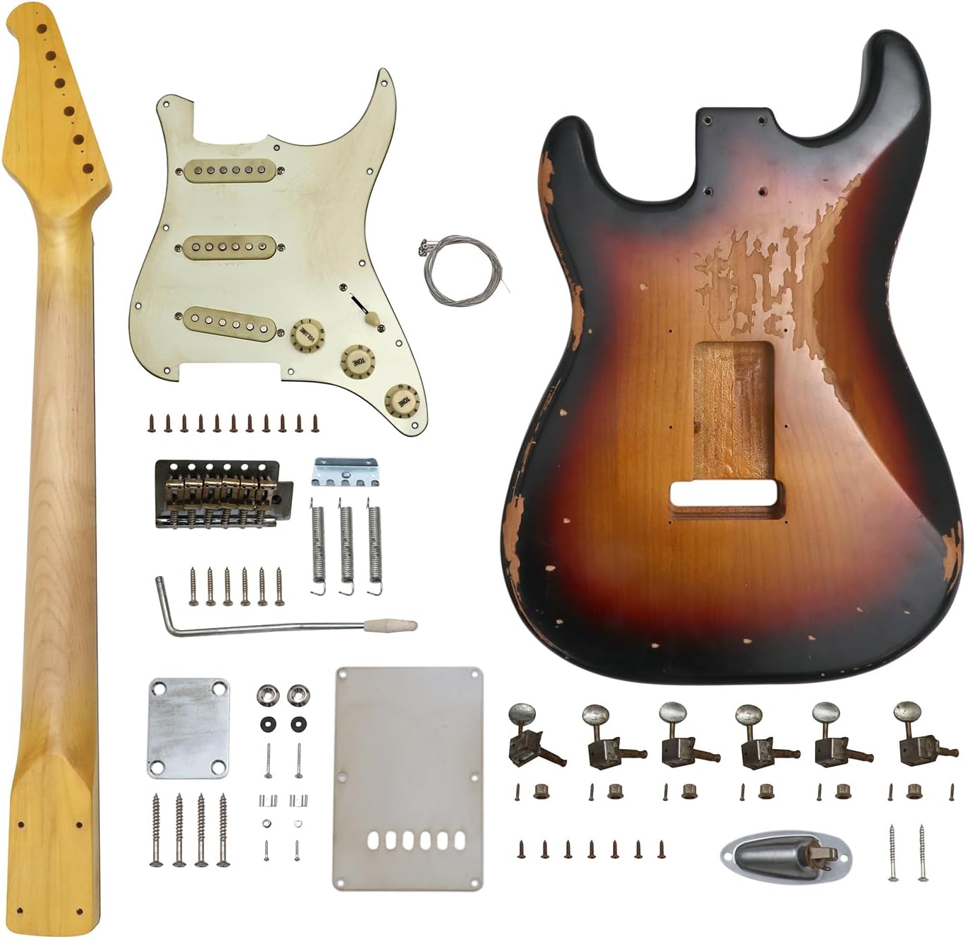 Sunsmile DIY Electric Guitar Kit ST Style Heavy Relic Aged Vintage with Alder Body Hard Maple Neck Rosewood Fingerboard S-S-S 6 String Relic CR Hardware Build Your Own Guitar Relic 3 Tone Sunburst.
