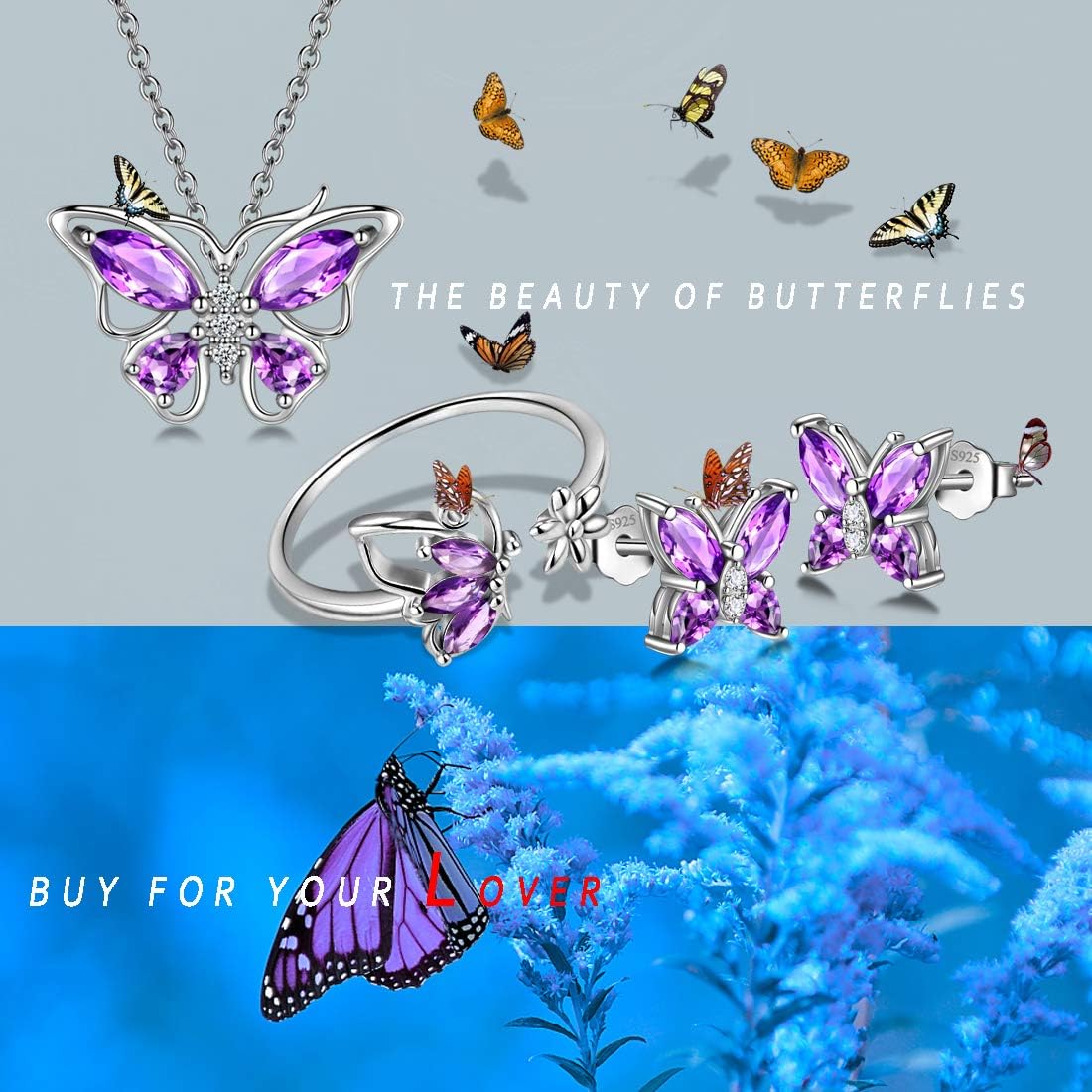 925 Sterling Silver Birthstone Butterfly Jewelry Women Crystal Animal Cute Butterflies Birthday Necklace/Earring/Ring/Bracelet Sets Birth Stone Statement Anniversary Jewellery - Image 7