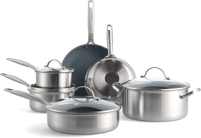 GreenPan Treviso Stainless Steel Healthy Ceramic Nonstick, 10 Piece Cookware Pots and Pans Set, PFAS-Free, Clad, Induction, Silver