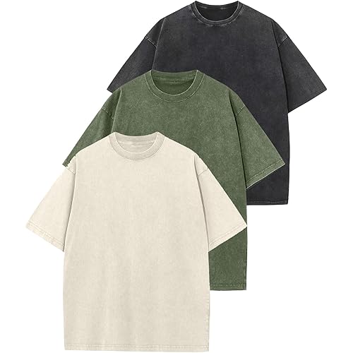 Arssm 3 Pack Men Oversized T Shirts Vintage Tee Loose Fit Short Sleeve Casual Streetwear Baggy Washed Unisex Tops