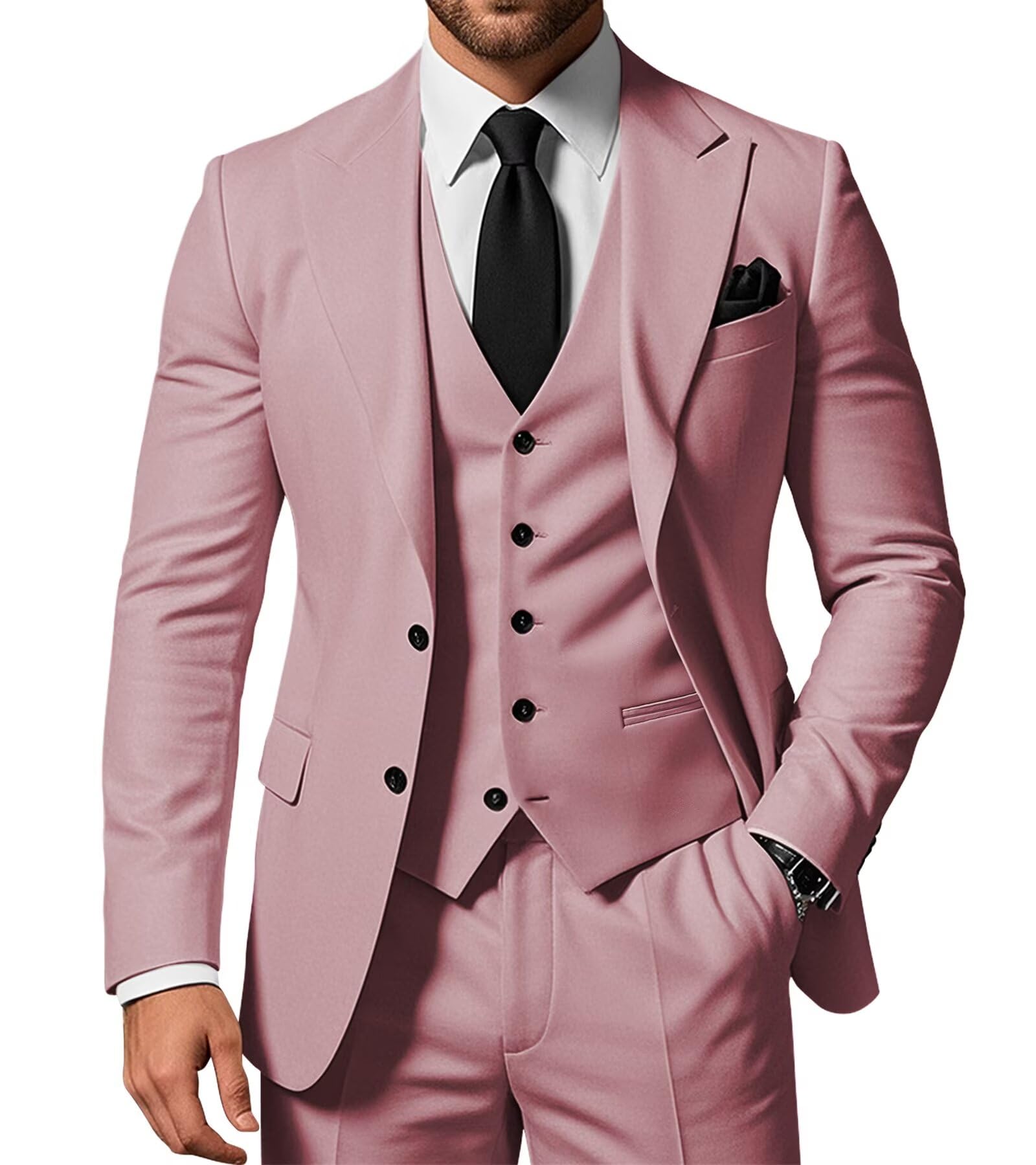 SPTALLFITJSV Men's 3 Piece Suits Slim Fit Peak Lapel 2 Button Blazer Jacket Vest Pants Set Wedding Business Prom Party Suit