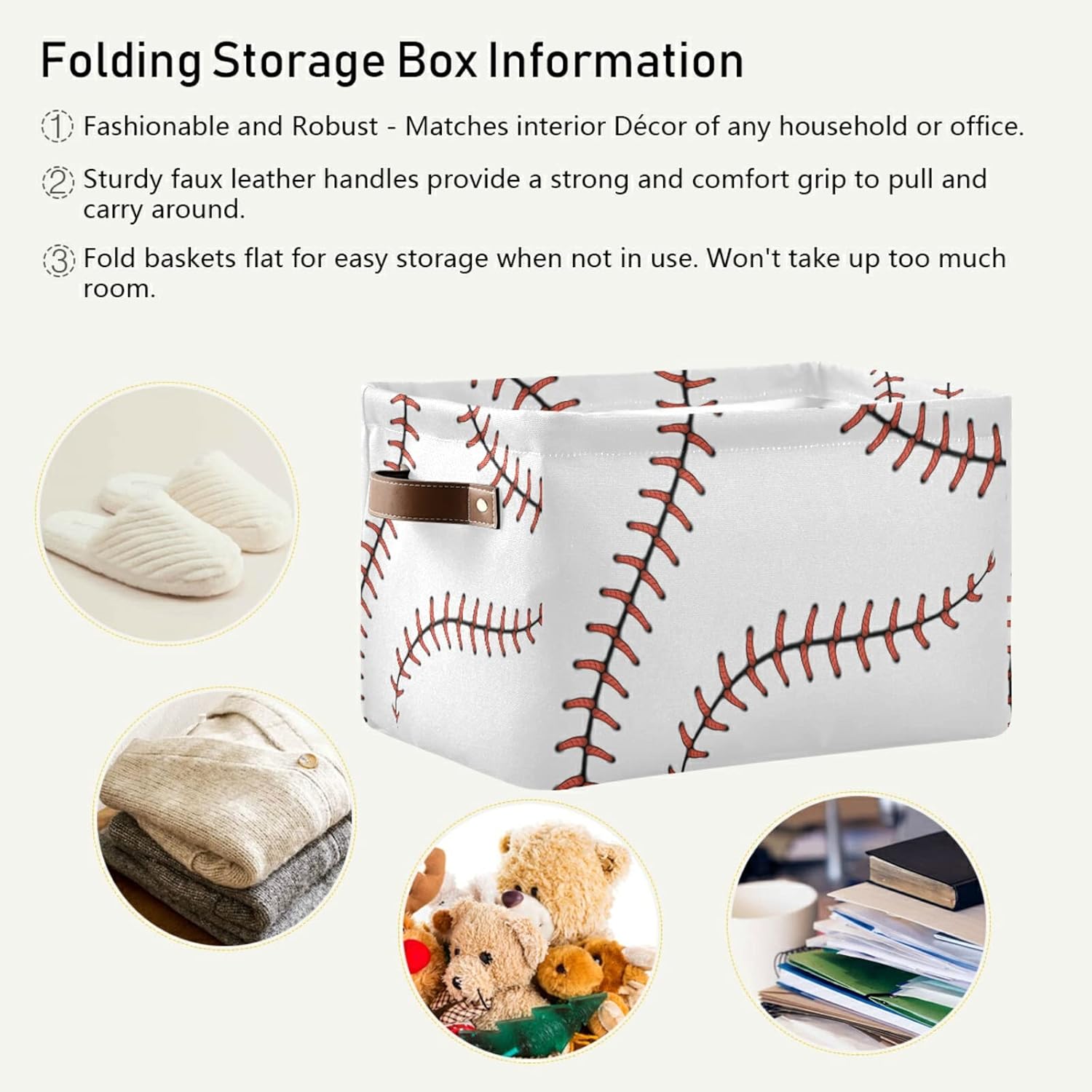 Storage Basket Cube, Sports Baseball Stitches Laces Large Storage Bin Box Collapsible Clothes Toys Organizer Laundry Basket for Shelves Closet Kids Nursery Bedroom, 1 Pack