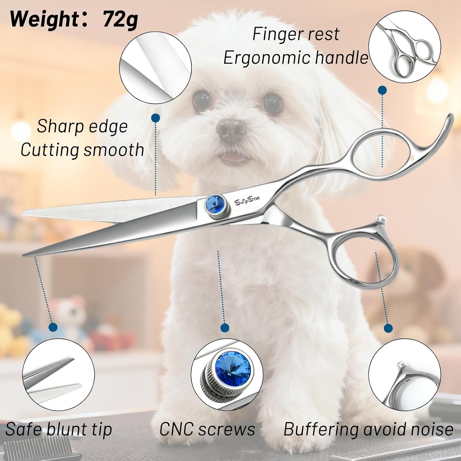 7in Straight & Blue Thinning Shears for Dog Grooming, Stainless Steel Sharp Dog Grooming Scissors Set, Professional Pet Trimming Shears for Dogs Cats Groomer or Home Use, Ergonomic Smooth Cutting