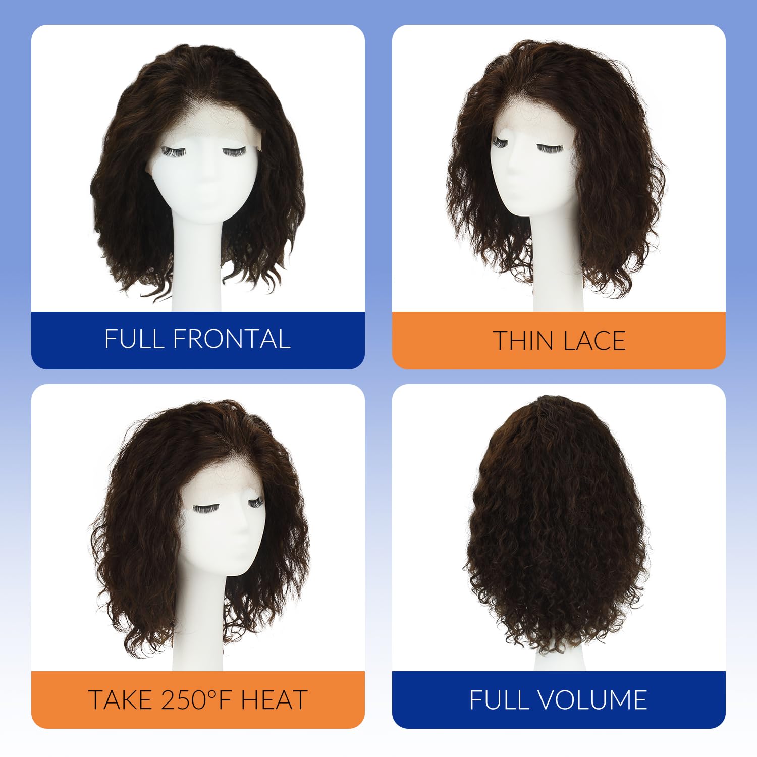 WORLDSTAR Naturwellen Perücke Echthaar,Lace Front Perücke Braun 120G