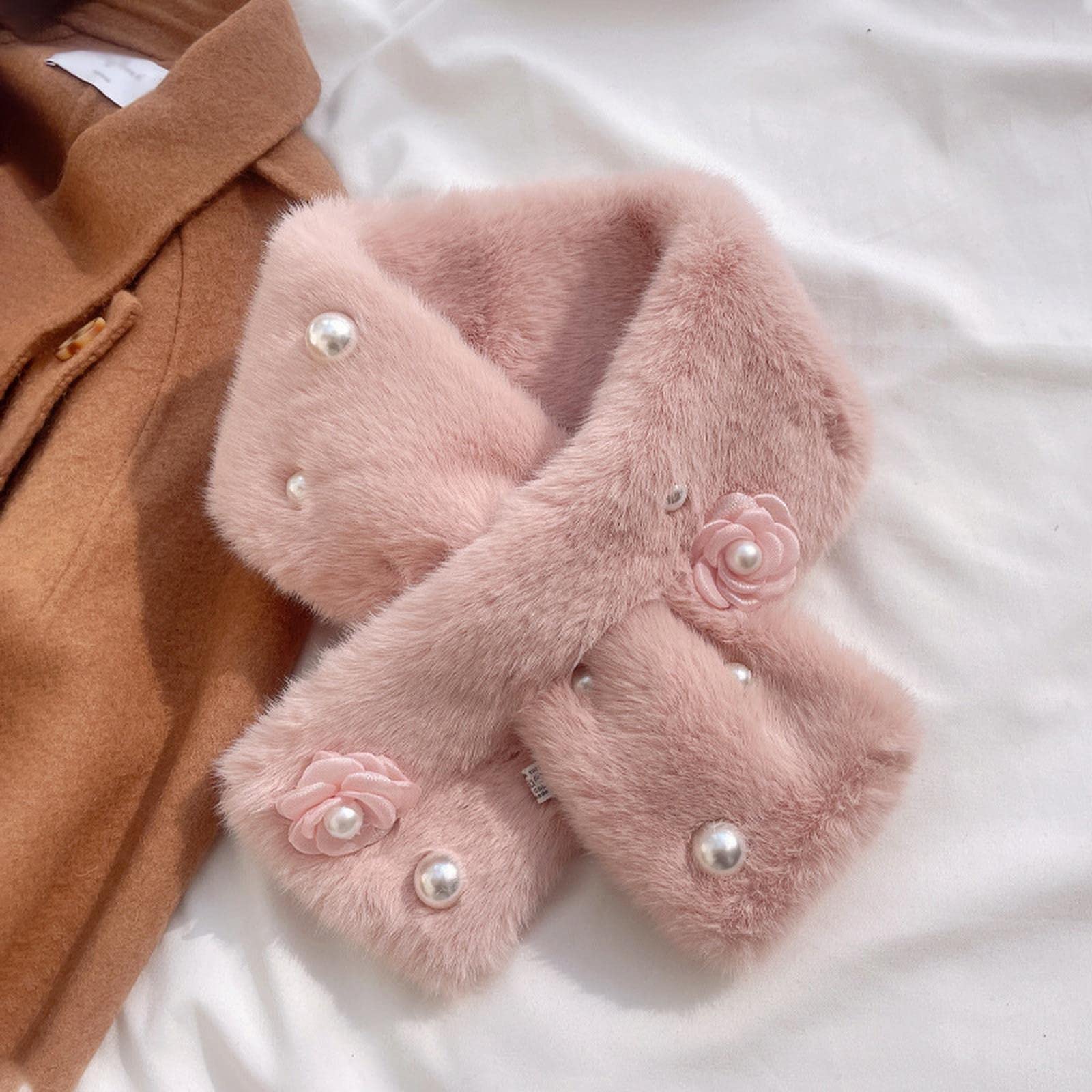 MOGSA Bufandas para mujer, diseño de flores, piel de conejo sintética, bufanda cruzada para mujer, invierno, al aire libre, protección de cuello grueso, chal cálido
