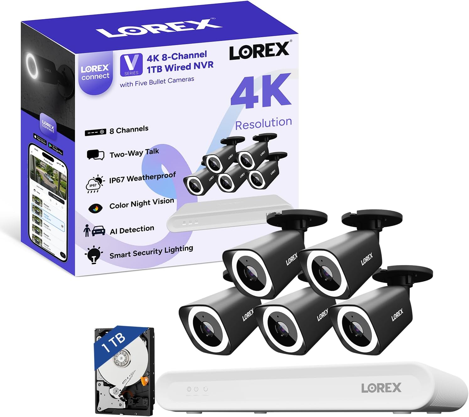 Lorex Connect (New App) | V-Series | 8Ch 4K NVR System | 5 Bullet Cameras
