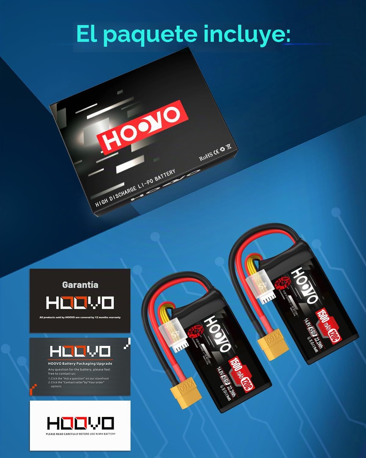 HOOVO 4S Lipo RC - Batería de polímero de litio (14,8 V, 120 C, 1500 mAh, con conector XT60, para cuadricóptero FPV Danaus Vortex FLIP FPV 250S Mini Drone (2 paquetes)