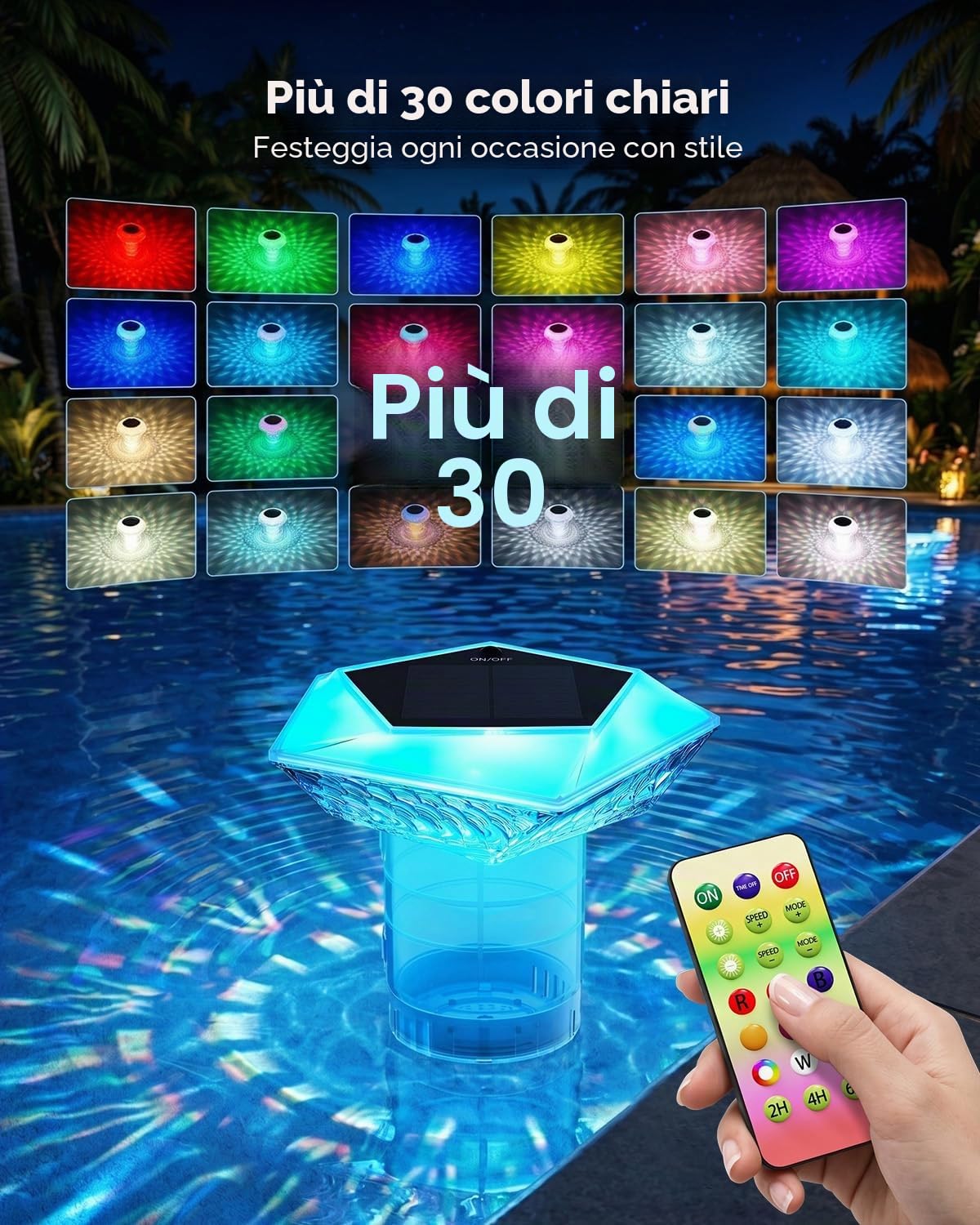 MYMULIKE Galleggiante dosatore per Piscina con Luce Solare, per compresse di Cloro da 3", Grande dosatore di Cloro per Piscina con Illuminazione per Piscina, dosatore di Cloro Regolabile (1 Pezzo)