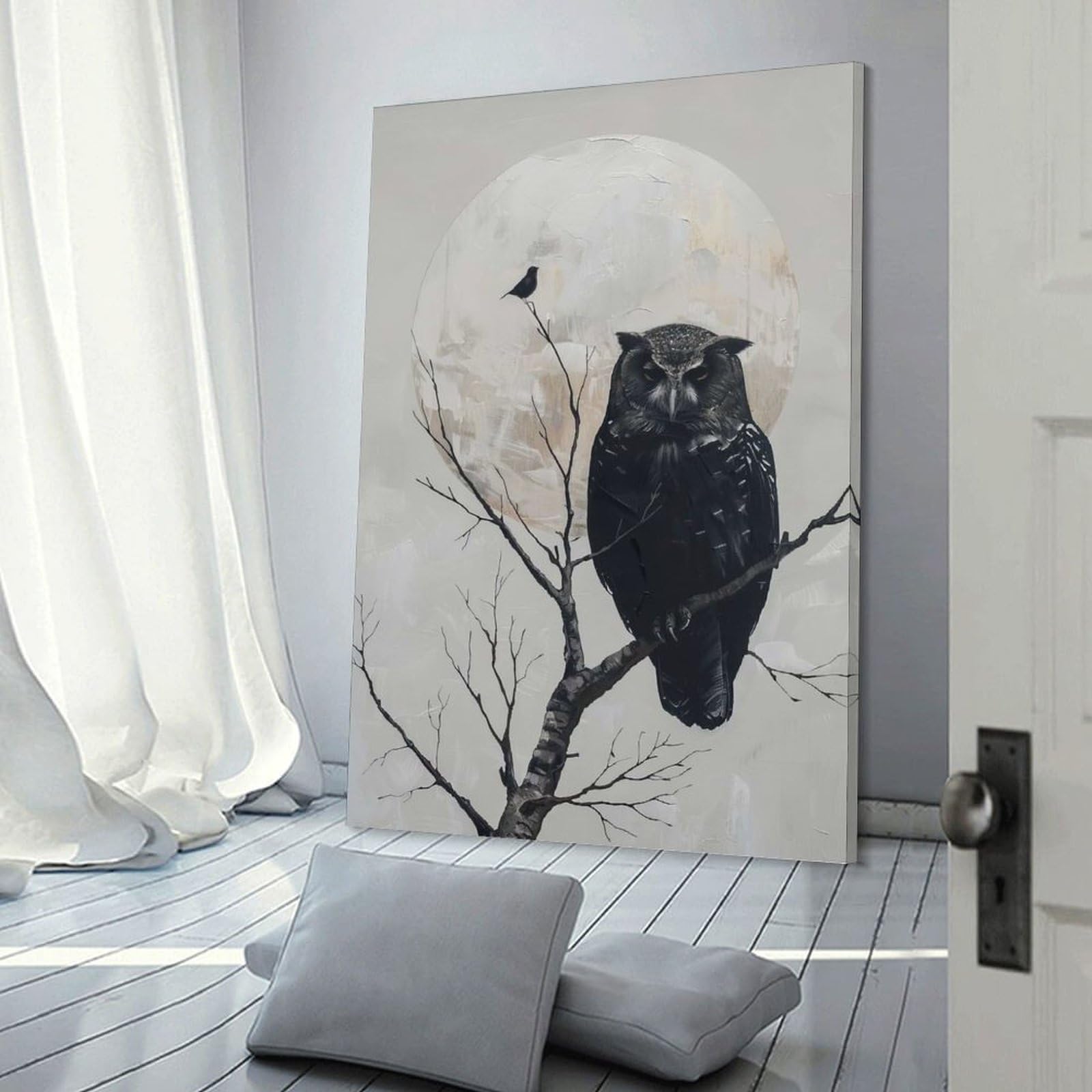 Junmoney Owl And Bird on Branch Wall Picture Print 16x24inch(40x60cm), for Lounge Decor, Offices Or Entryway Styling, Versatile Wall Decor for Many Rooms
