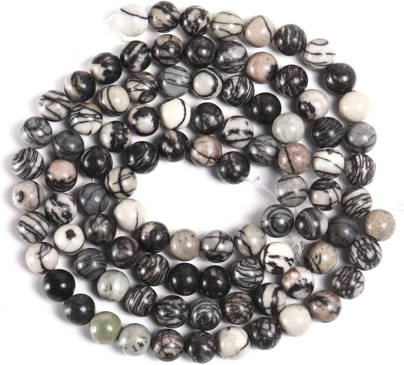 Natural Stone Loose Round Smooth Semi-Precious Real Black Network Mesh Jasper Gemstone Beads for DIY Beading Jewelry Making Full Strand 8mm 15.5" (Approx 45pcs) Black Mesh Jasper 8mm