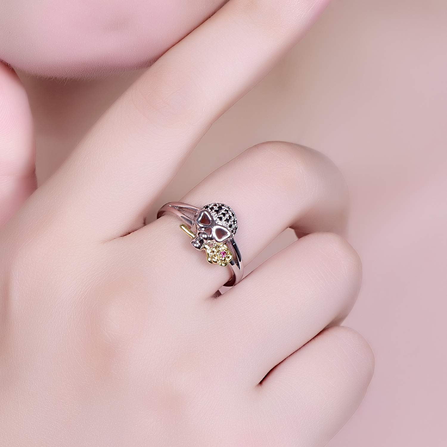 Emsione 925 Sterling Silver Plated Skull with Rose Flower Cubic Zirconia Eternity Ring Anniversary Wedding Engagement Band Size 7 Color Red