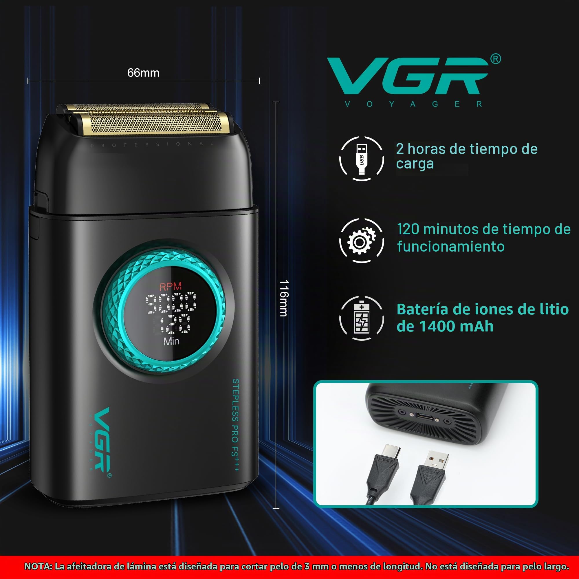 VGR Afeitadora y maquinilla de afeitar eléctrica profesional para hombres, cara, barba, cuello, decoloración de la piel y cabeza calva, recargable por USB-C, láminas de titanio flotantes dobles, 21