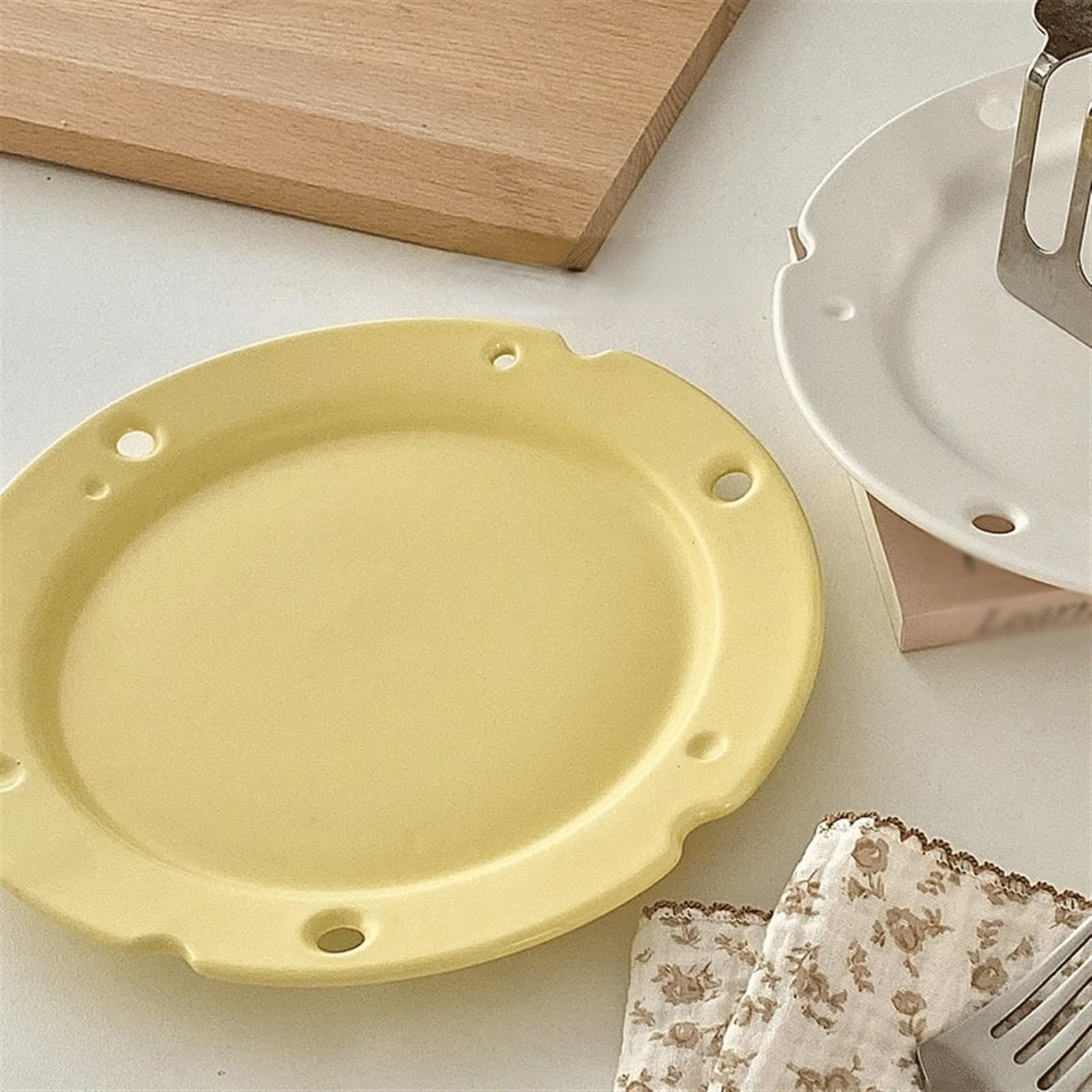 Naczynia Talerze Ceramiczny płaski talerz żółty śliczny matowy kształt sera śniadaniowy domowy kreatywny w kształcie ciasta deserowego Domowy talerz do jadalni(Biały)