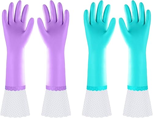 Elgood Guantes reutilizables de limpieza para lavar platos con manga larga, sin látex, forro de algodón, guantes de cocina 2 pares, púrpura+azul