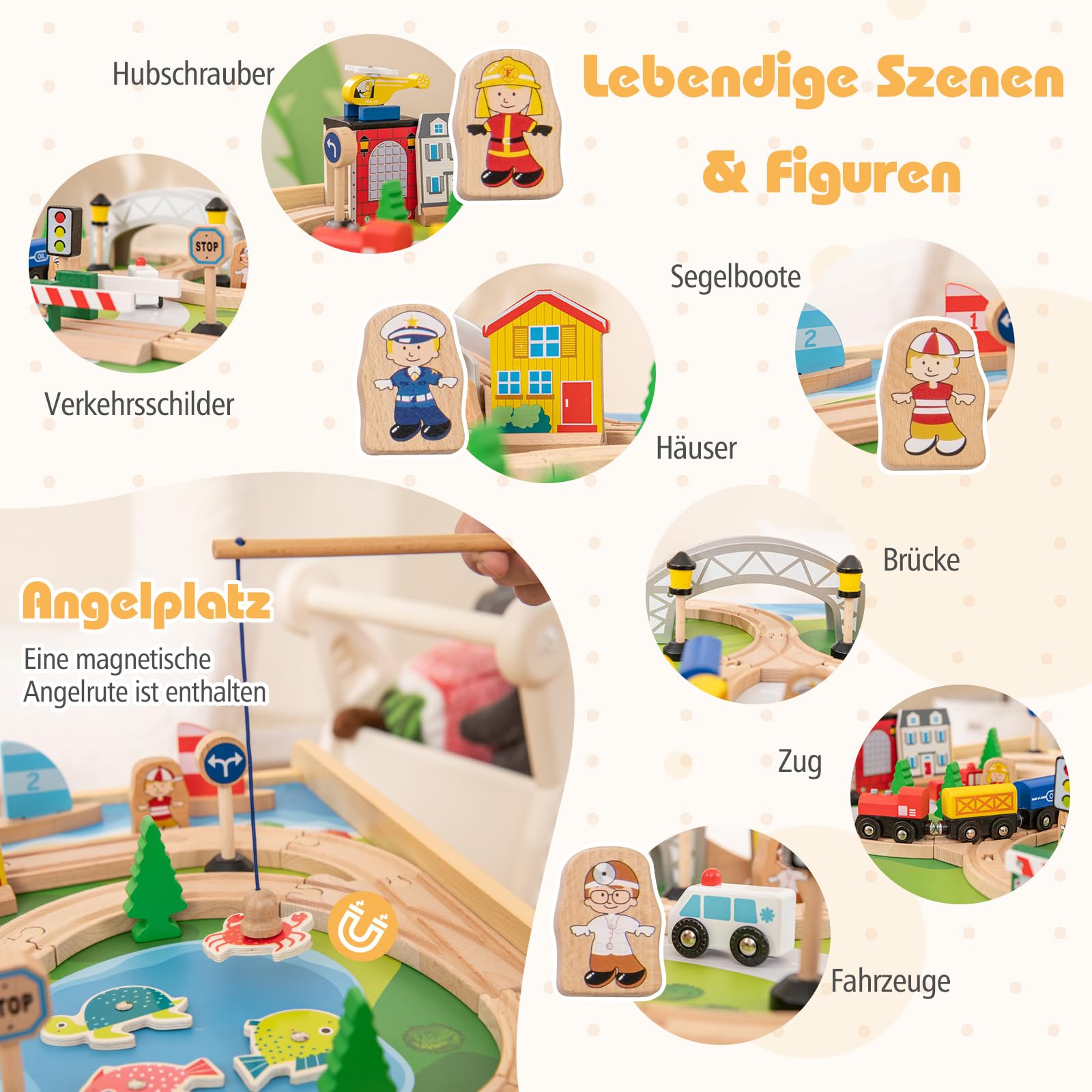 COSTWAY 78-teiliges Kinder Eisenbahn Set, 5-in-1 Holzeisenbahntisch mit umkehrbarer Tischplatte & Tafel, Spieltisch für Kinder ab 3 Jahre