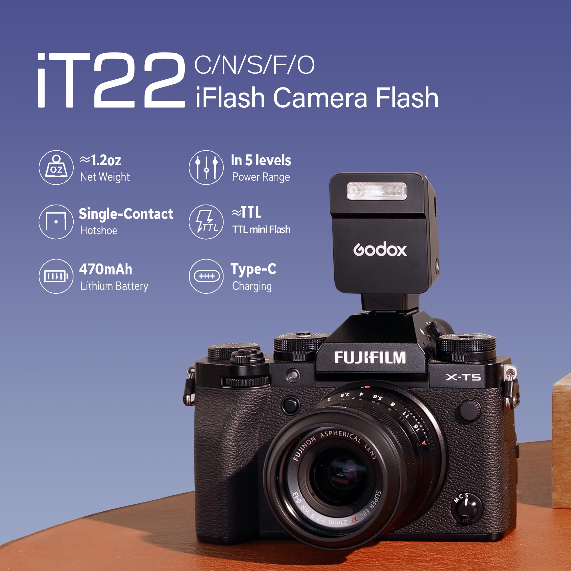 Godox iT22 S Mini TTL Flash Speedlight 700 Tiempo de flash, 1.5s Tiempo de Reciclaje con Filtros de Color Magnéticos para Cámaras Sony (Negro, S)