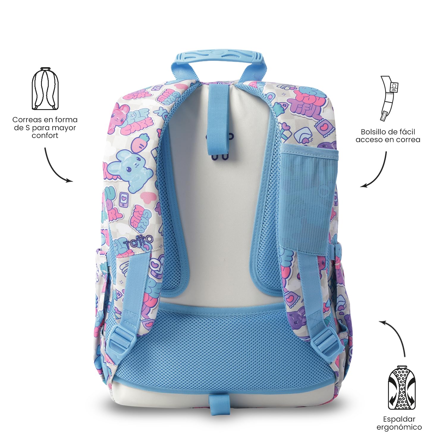 TOTTO - Pack Mochila Escolar Adaptable a Carro, 20L, Modelo Acuareles + Estuche 3 Compartimentos Modelo Agapec