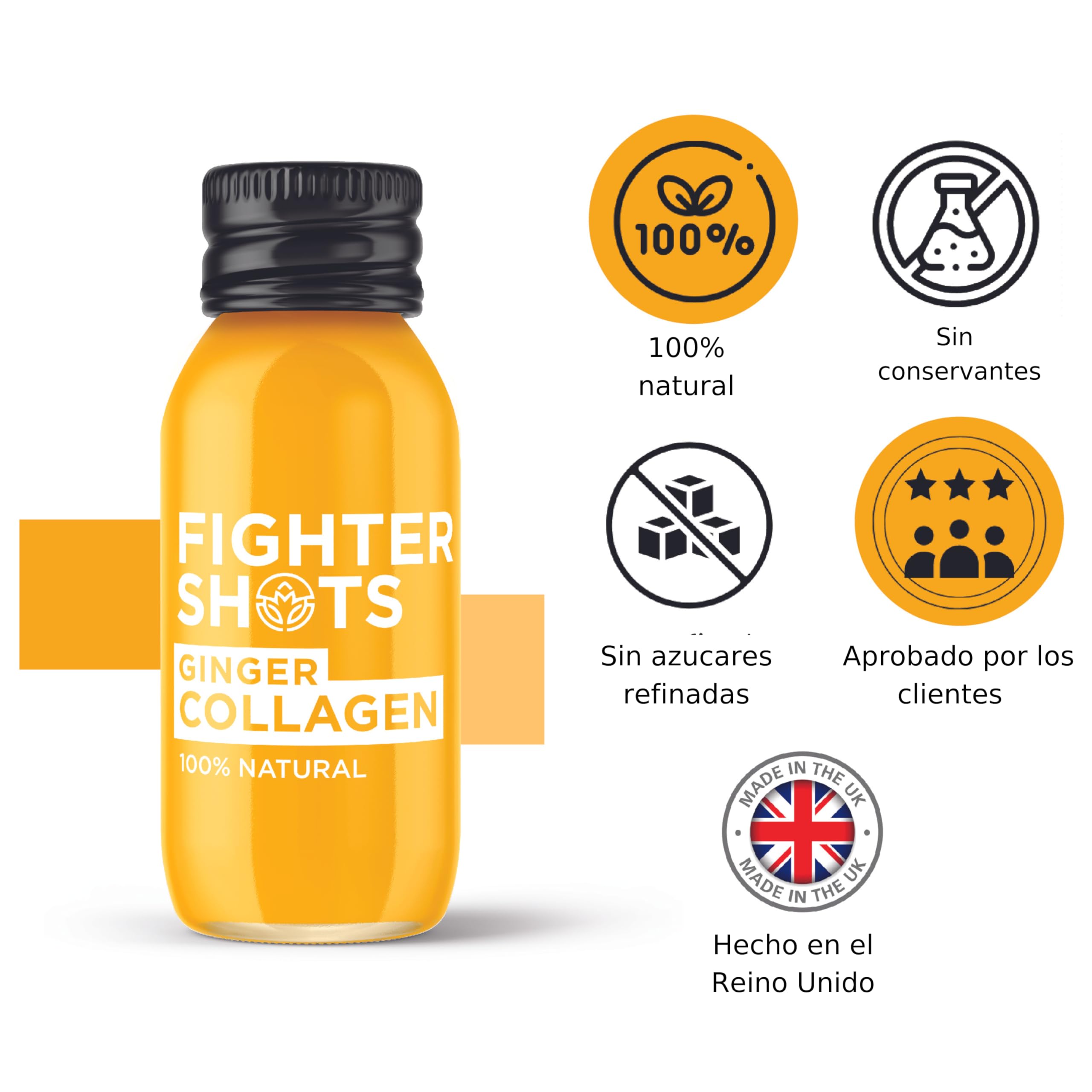 Fighter Shots de Jengibre Colágeno Marino (12x60ml) | Piel y Cabello más sanos | Fortalece el Sistema Inmunológico | 100% Natural | Sin Conservantes | Shots De Jengibre Fresco e Intenso