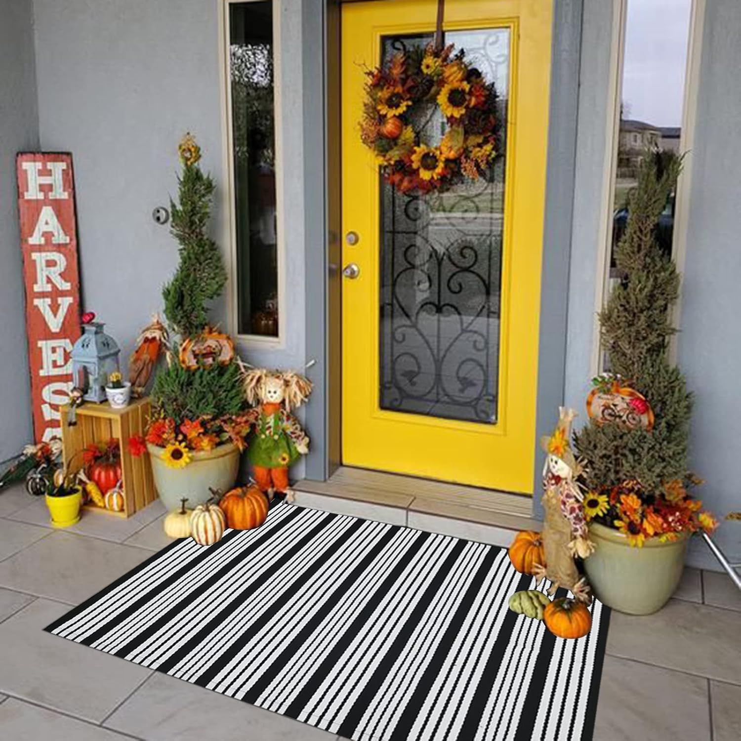 St. Patrick's Day Decorations Green & White Striped Rug, 4' x 6' Indoor/Outdoor Area Rug for Front Porch, Entryway, Machine Washable Cotton Woven Welcome Door Mat