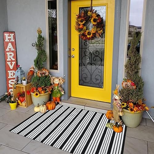 Alfombra de algodón a rayas blancas y negras de 27.5 x 43 pulgadas, tejida a mano, reversible, plegable, lavable para puerta de entrada, lavandería, Alfombra de algodón a rayas blancas y negras de 27.5 x 43 pulgadas, tejida a mano, reversible, plegable, lavable para puerta de entrada, lavandería,