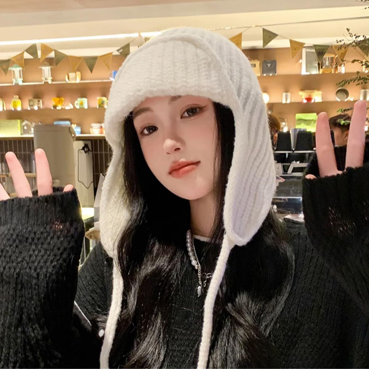 ECYC Unisex Knitted Trapper Hat, Winter Warm Knit Earflap Beanie Hat Russian Bomber Hat Solid Color Trapper Hat for Women Men