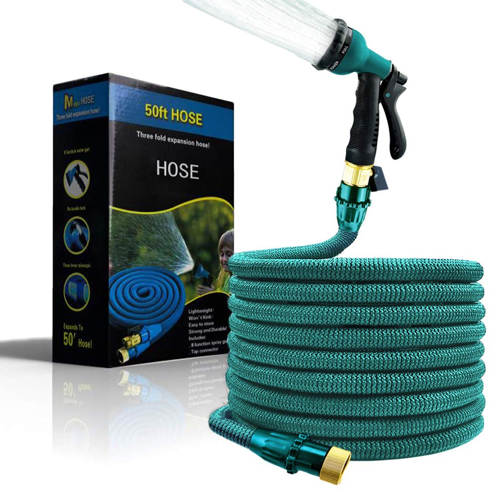 Expandable Garden Hose Pipe Upgrade Water Hose with Double Latex Core, 3/4" Solid Brass Fittings, 8 Function Spray Nozzle for Garden Hose