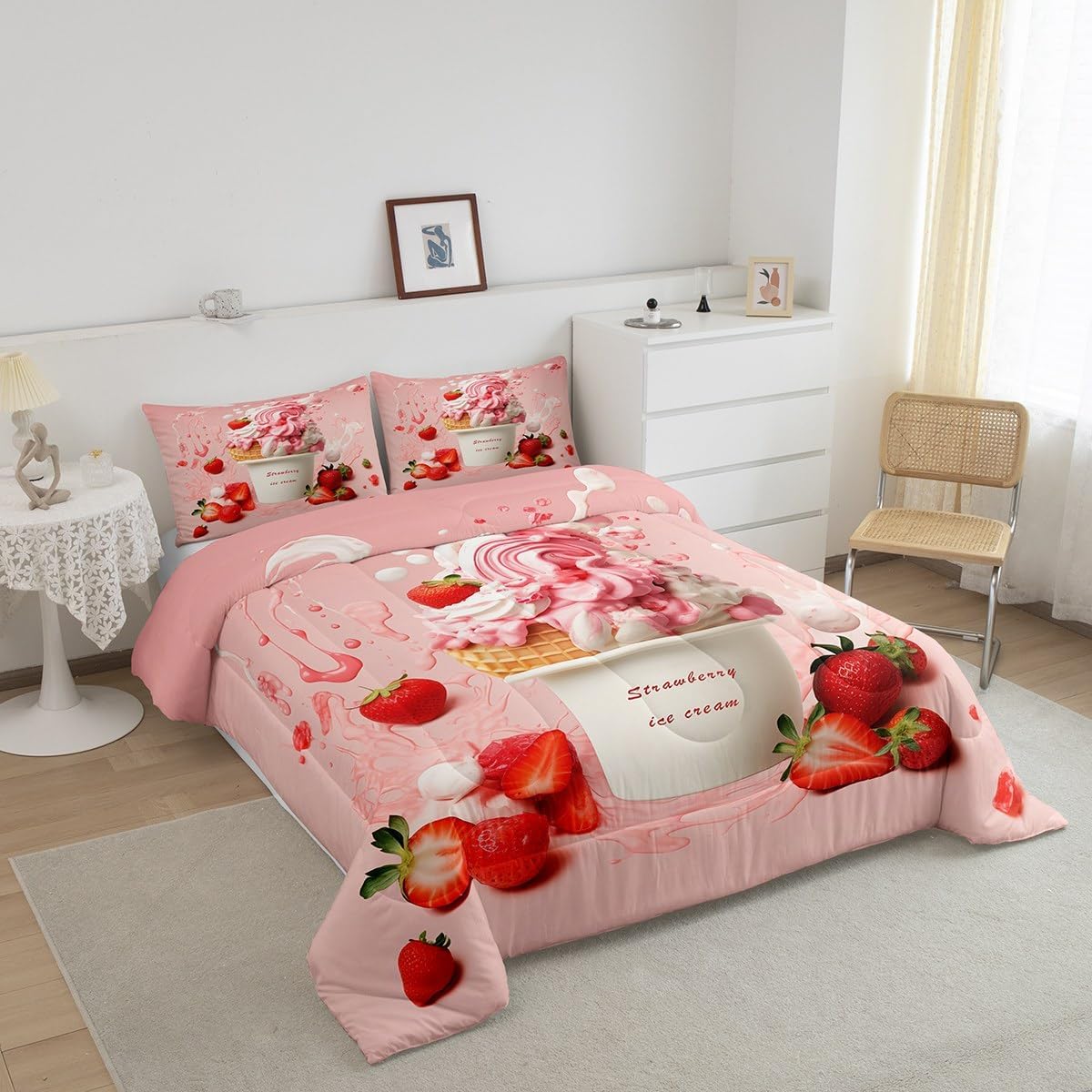 Erosebridal Girls Ice Cream Queen Comforter Set Strawberry Bedding Set,Girly Pink Duvet Insert Toddler Summer Dessert Quilted Comforter Kids Summer Holiday Bed Set 3pcs with 2 Pillowcase