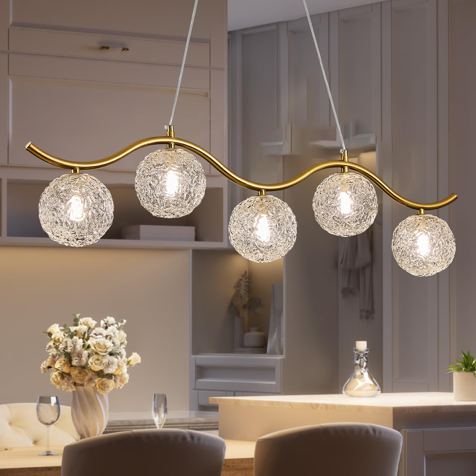Moderne Gold Kronleuchter Mit 5 Klarglas Globe Pendelleuchten,Höhenverstellbar Hängeleuchte,Luxus Sputnik Kronleuchter für Esszimmer,Esstische,Küche