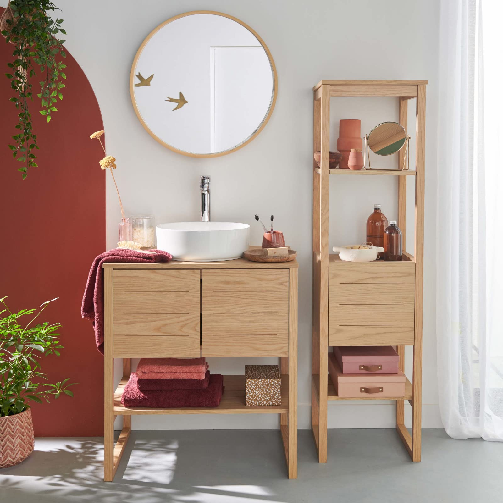 Mueble de baño de roble de 70 cm con columna + espejo redondo de 60 cm + Lavabo redondo 37 cm