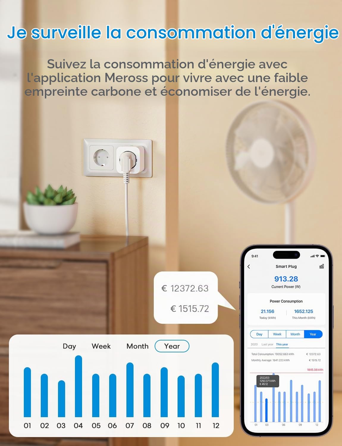Meross Prise Connectée Wifi (Type F) avec Mesure de Consommation d'Énergie | Prise Intelligente pour Panneau Photovoltaïque, Compatible avec Alexa et Google Home, Configuration Bluetooth, 16A, 4 Pièces