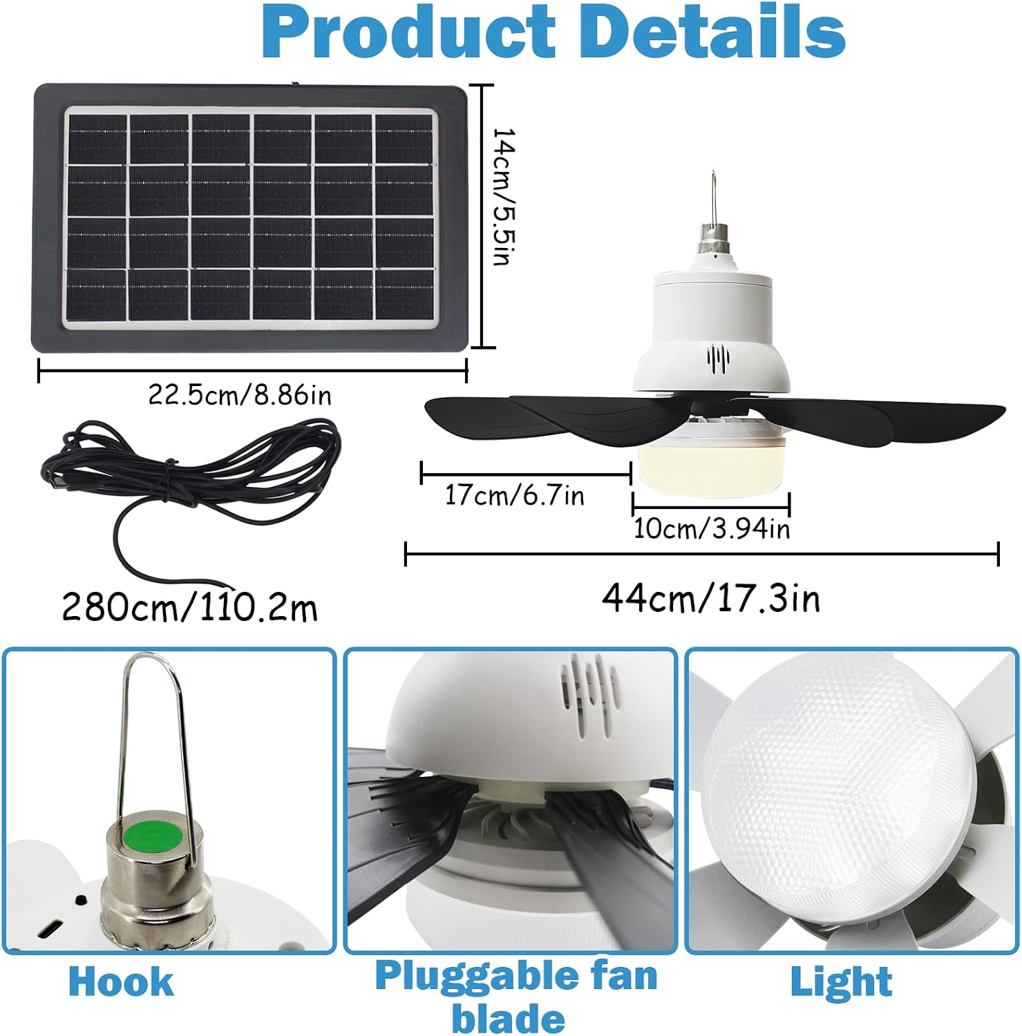 Solar Ceiling Fans with Lights Battery Built-in10000mAh Portable ,17" LED Fan Light Hanging with HookCan be timed for 2/4/8 hours, 3 Speeds with Remote , solar fans with Light for Patios, Canopy