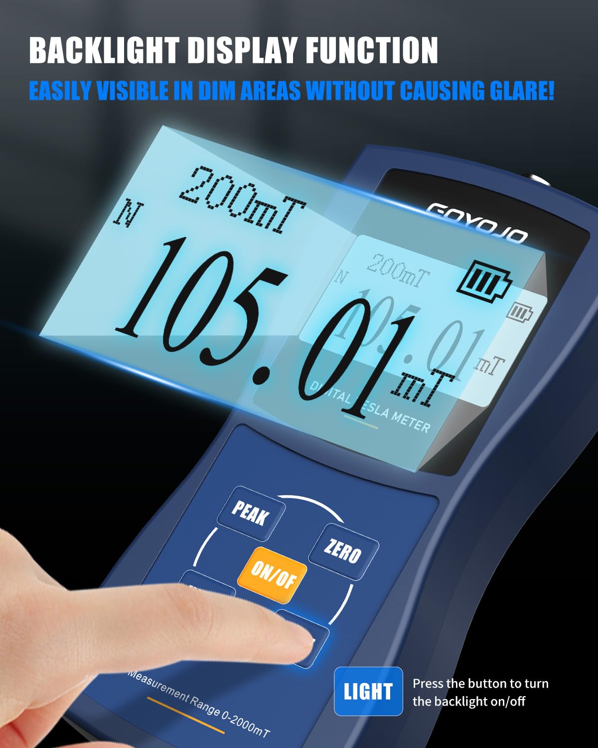 GOYOJO Digital Gauss Meter display with backlight activated