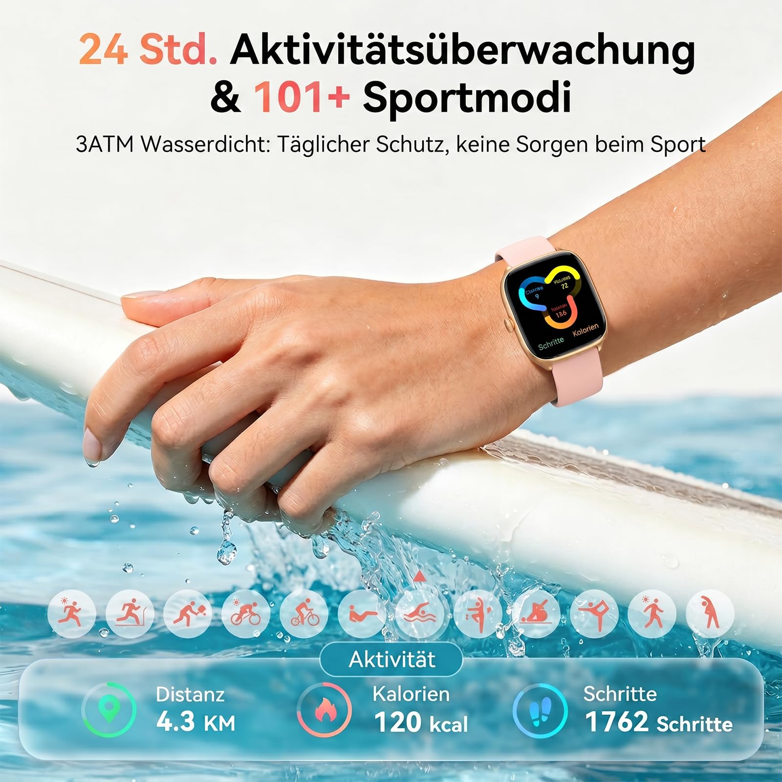 Smartwatch Damen Herren 1,75" AMOLED Fitnessuhr mit Bluetooth Telefonie, 24/7 Herzfrequenz Stress Schlafmonitor, 120+ Sportmodi & Sprachassistent, 3 ATM Wasserdicht, Sportuhr für Samsung Android iOS