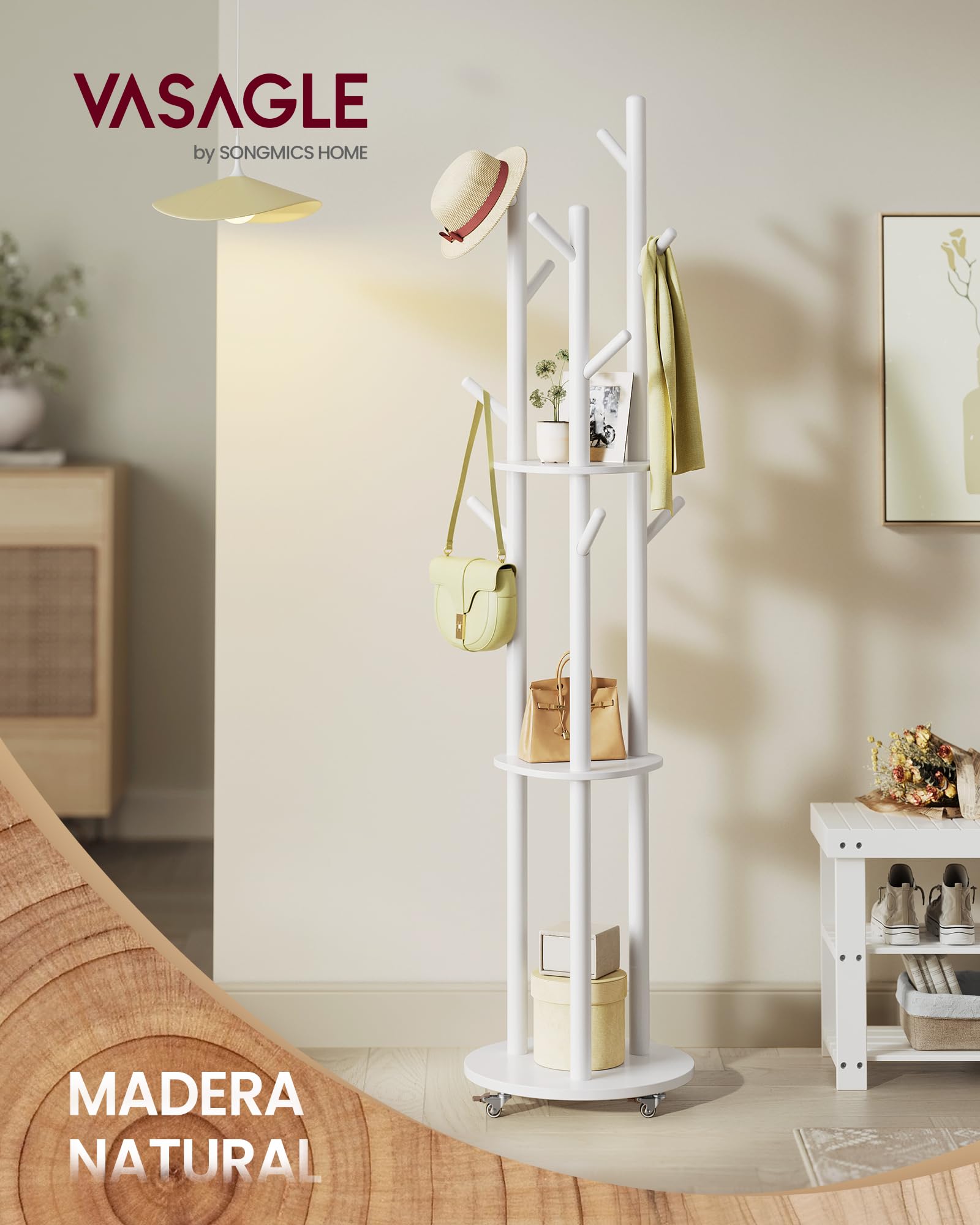 VASAGLE Perchero de Pie, Perchero con 11 Ganchos y 3 Estantes, 4 Ruedas Giratorias de 360° y Extraíbles, Ganchos y Postes de Madera, para Entrada Dormitorio Salón, Blanco Nube RCR023W01