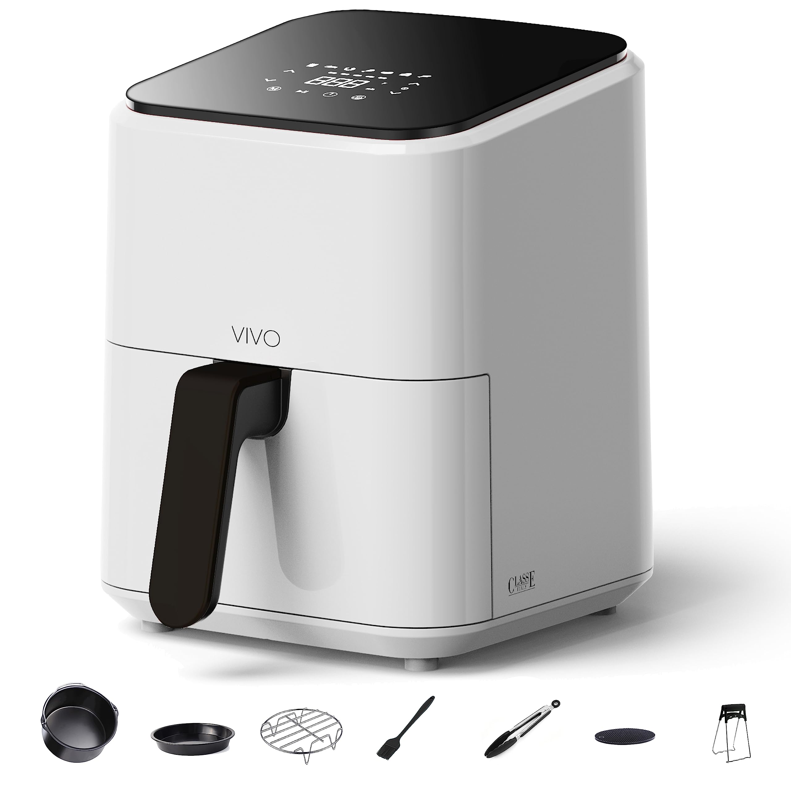 Freidora de aire caliente de 4 litros super-accesorios | 8 accesorios para cocinar y condimento incluidos | 7 programas, pantalla táctil, 1200 W bajo consumo