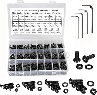 HanTof 720Pcs Grade 10.9 Alloy Steel M3 M4 M5 M6 Button Head Hex Socket Cap Screws,Allen Head Intnal Hex Machine Screws Bolts,Nuts and Washers Assortment Set with 4 Hex Wrenches,Fully Threaded (Black)