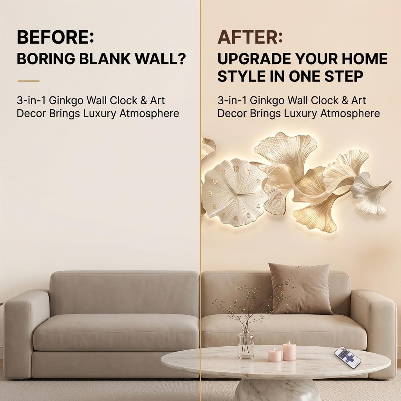 Orologio da Parete 3D con Luce LED e Foglie di Ginkgo Biloba Decorativo | Design 3D stratificato, Retroilluminazione LED calda, Orologio silenzioso, Decorazione(A-LED,39.4*13.8in)
