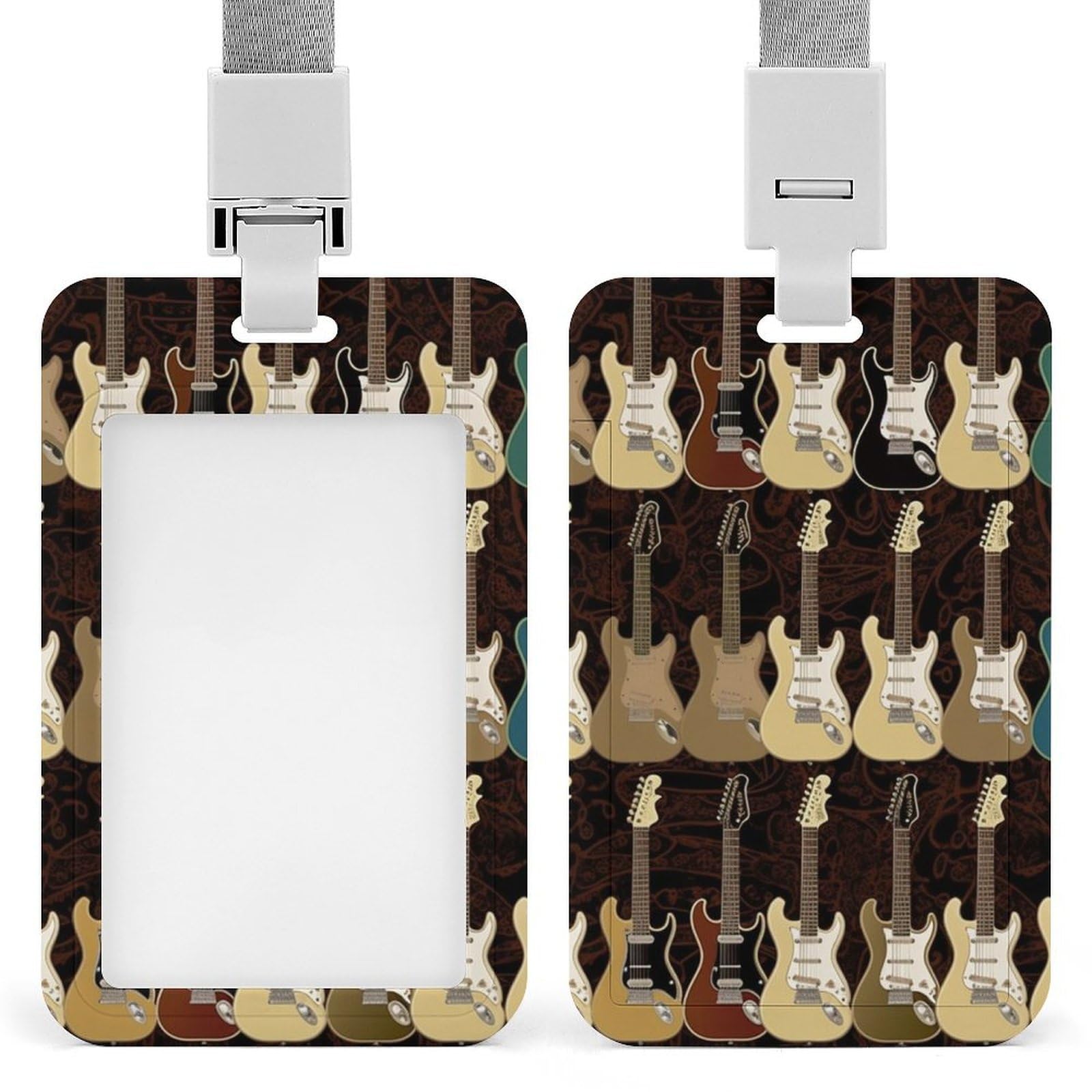 ID Card Holders for Lanyard,Art Guitar Pattern Printed Badge Holder with Clear Window,Plastic Vertical Bus Pass Holders for Work Teacher Nurse Employees Proximity Key Cards Women Men