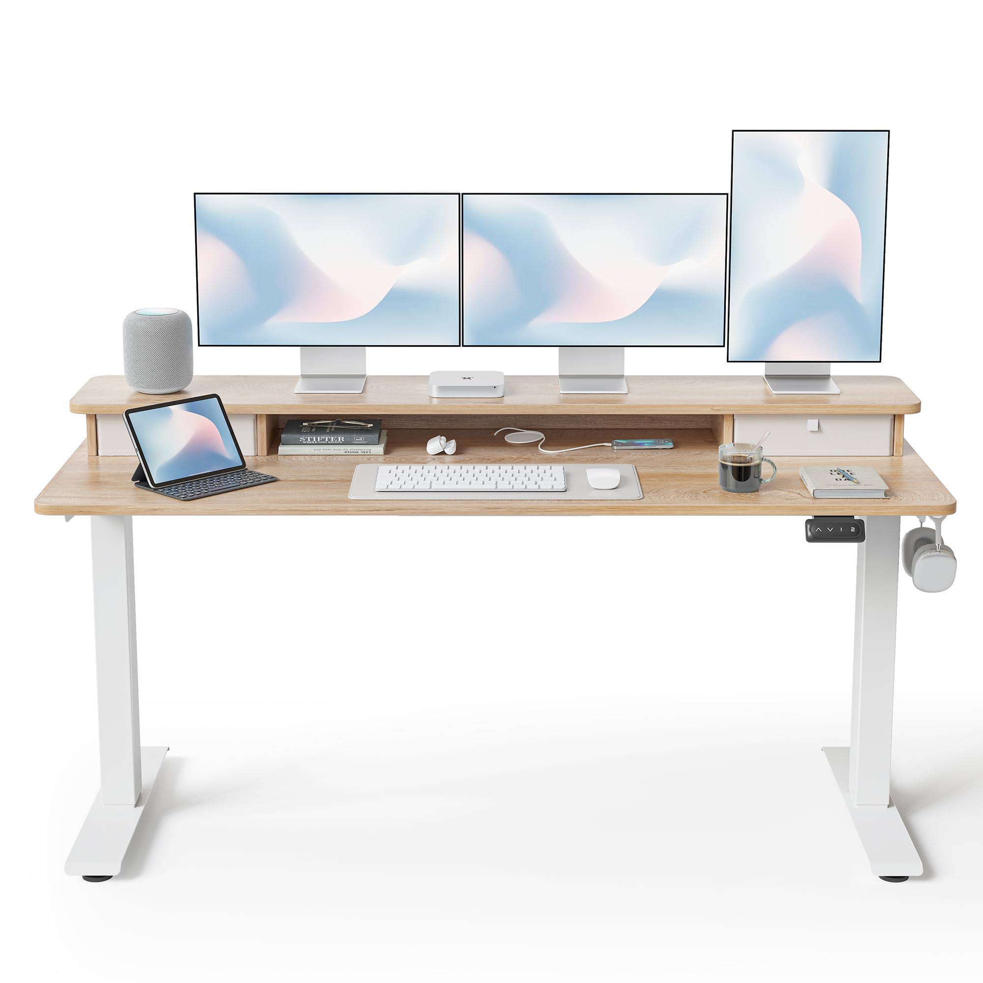 FEZIBO 60 x 24 Inch Height Adjustable Electric Standing Desk with Double Drawer, Computer Desk, Home Office Stand Up Table with 4 Height-Adjustable Feets & 2 Hooks, Maple