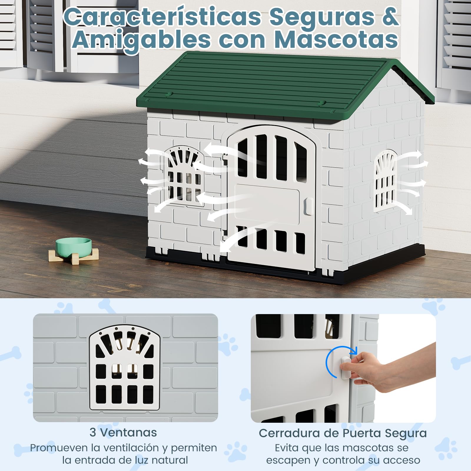 GOPLUS Caseta para Perros de Plástico Exterior Interior, Casa para Perro con Puerta con Cerradura, 3 Ventanas, Techo Inclinado, Jaula Decorativa para Cachorros Impermeable, 75 x 58 x 65 CM (Verde)