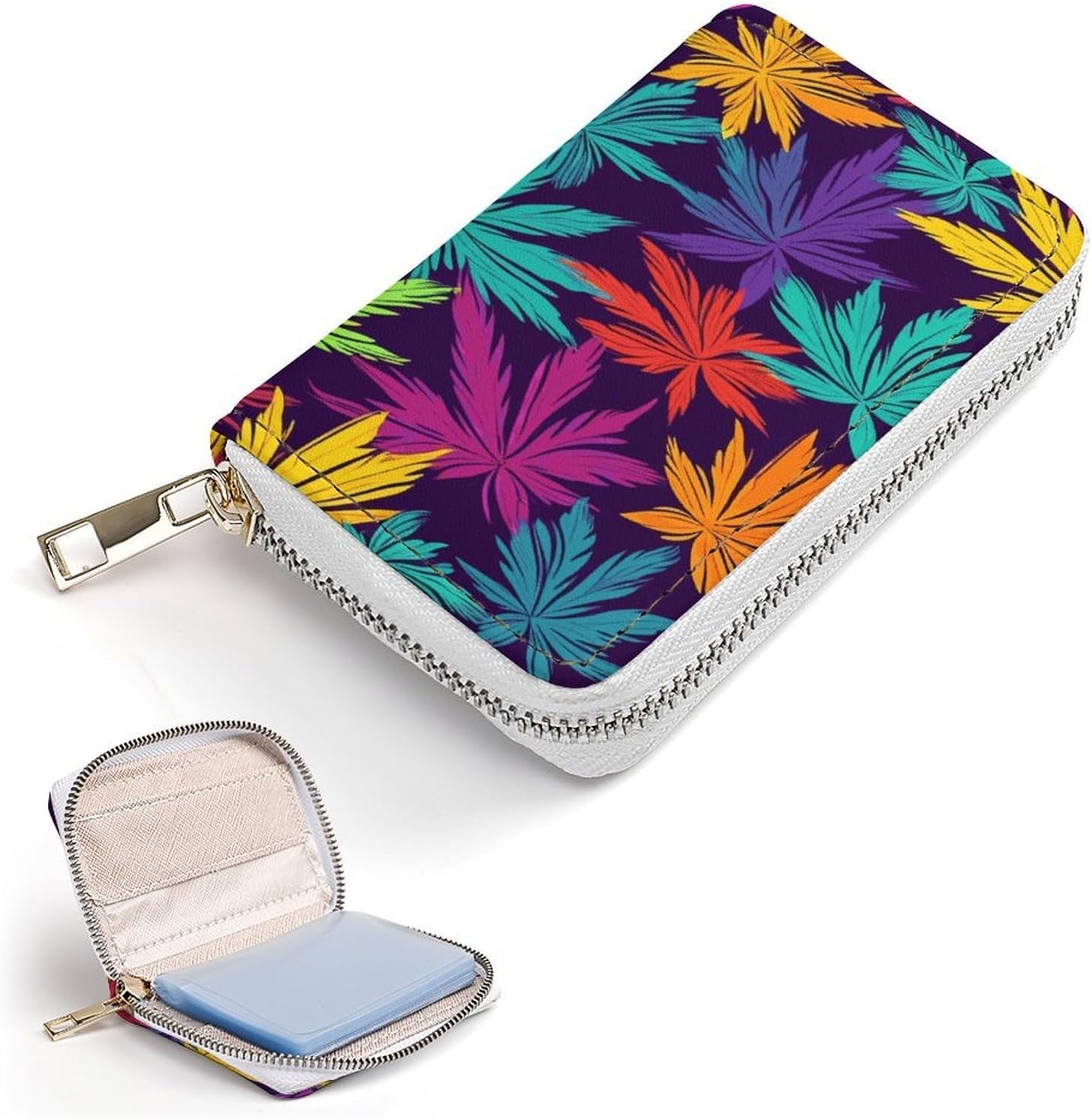 Bright Colorful Weed Pattern Card Holder RFID Blocking,Credit Card Wallet for Women And Men,Card Case Organizer Bag with Zipper