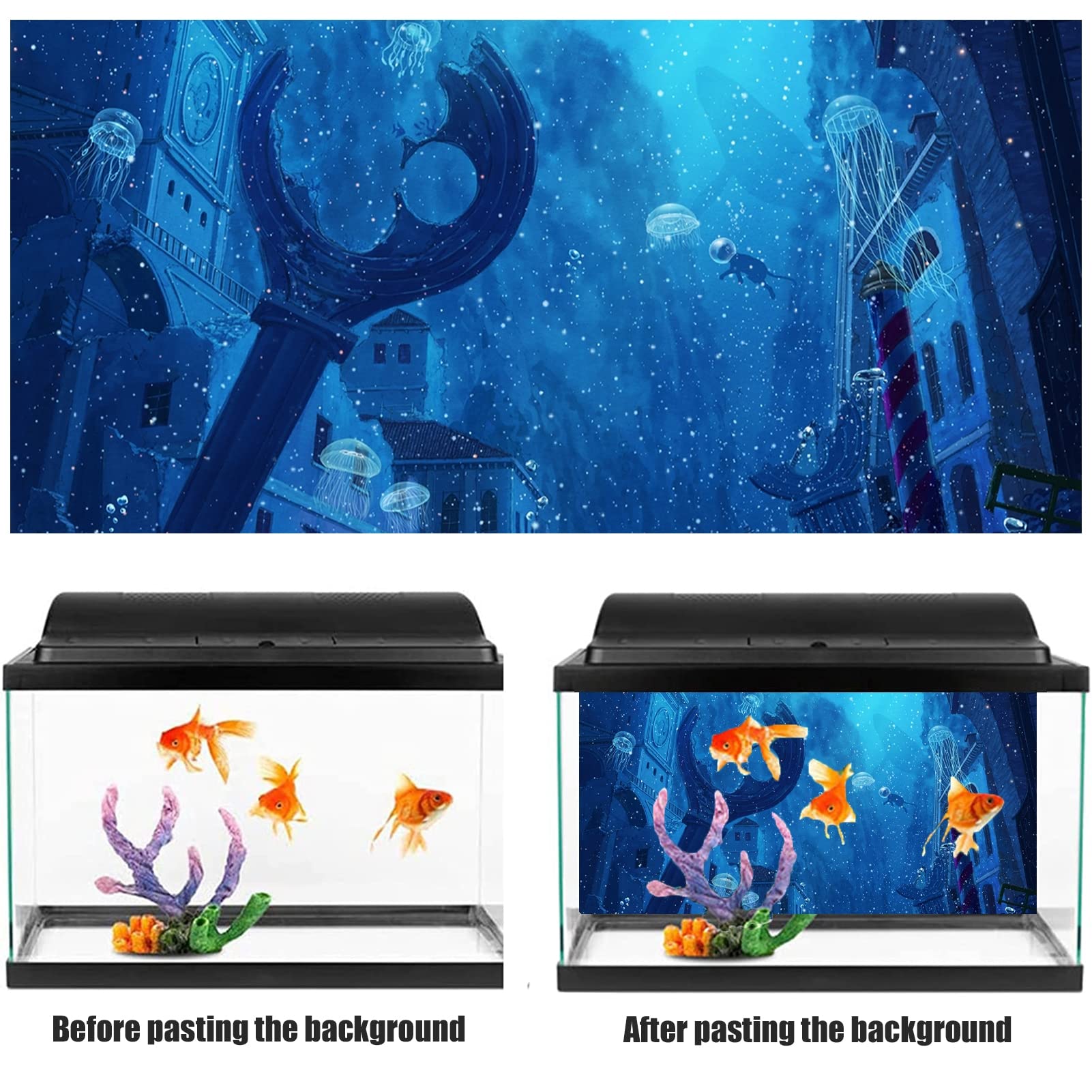 BAHULA Toile de fond 3D pour aquarium - Papier décoratif universel - Méduse du monde sous-marin - Poster de fond d'aquarium en PVC autocollant pour décoration d'aquarium - Paysage, 122 x 76 cm