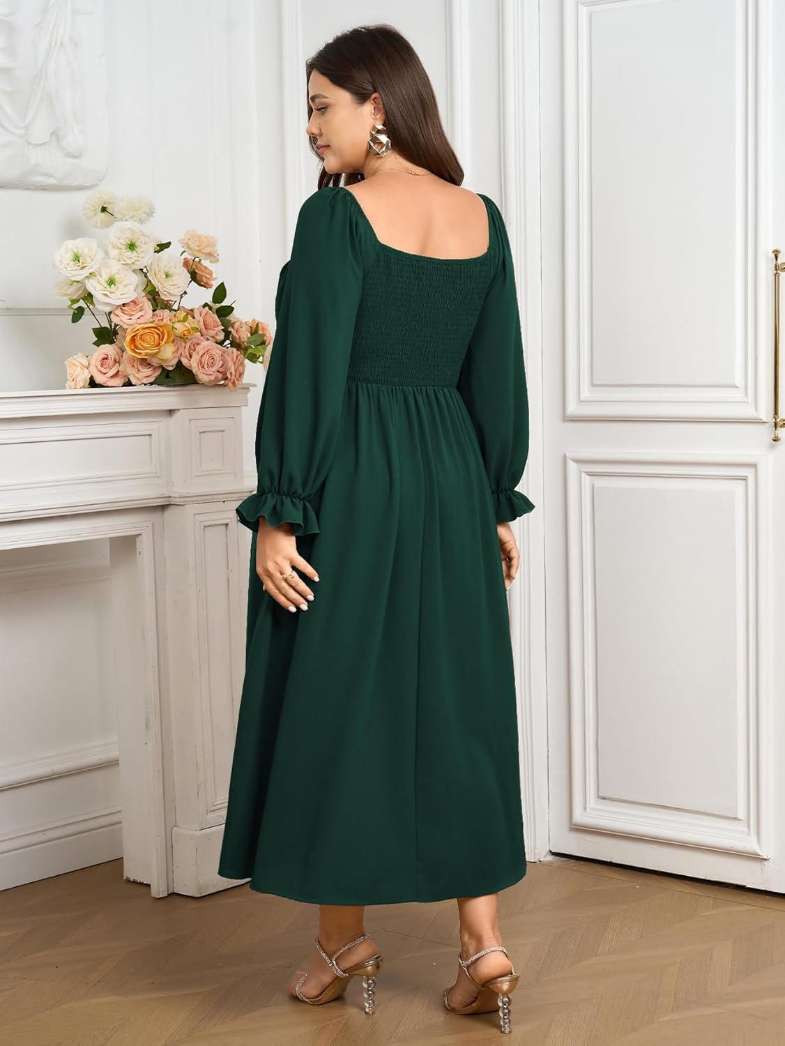 SCOMCHIC Womens Plus Size Maxi Dress Long Sleeve Square Neck Smocked Wedding Guest Flowy Split Fall Dresses with Pockets - Image 6